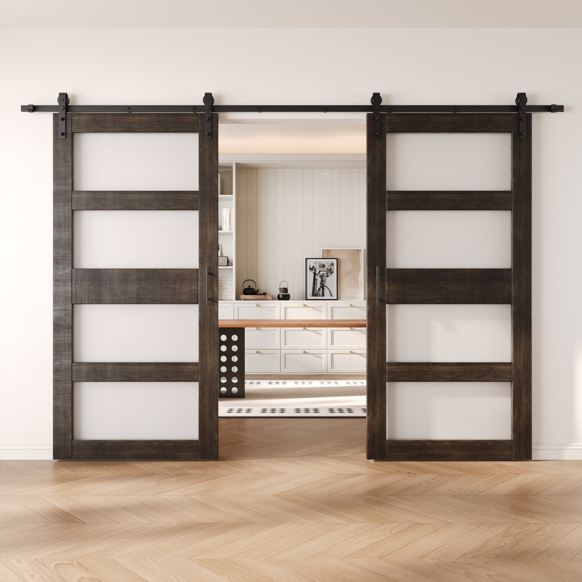 84" Height Ebony 4-Lite Frosted Glass Double Unassembled & Finished Pine Wood Barn Doors with Non-Bypass Installation Hardware Kit (Interior Use Only)