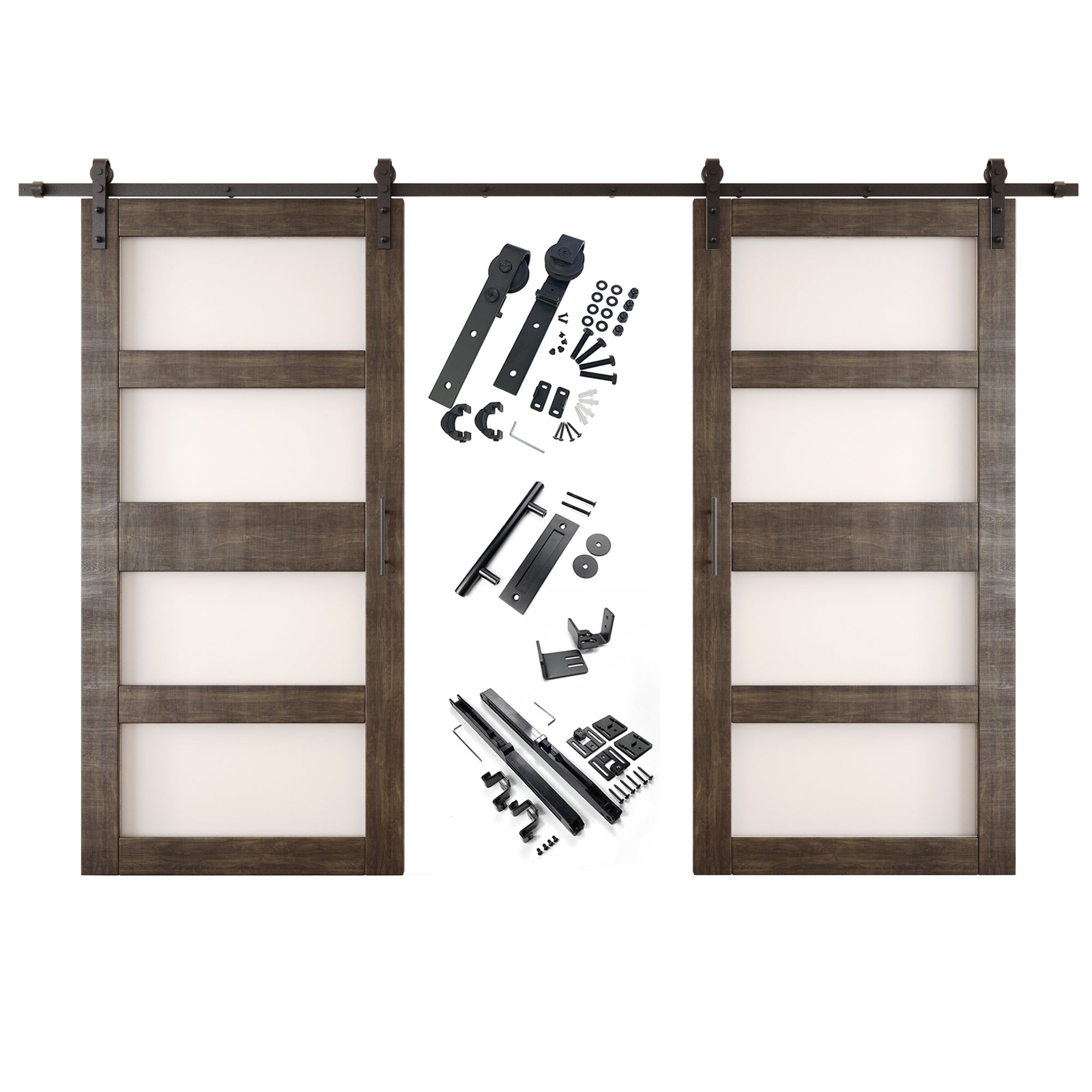 84" Height Ebony 4-Lite Frosted Glass Double Unassembled & Finished Pine Wood Barn Doors with Non-Bypass Installation Hardware Kit (Interior Use Only)