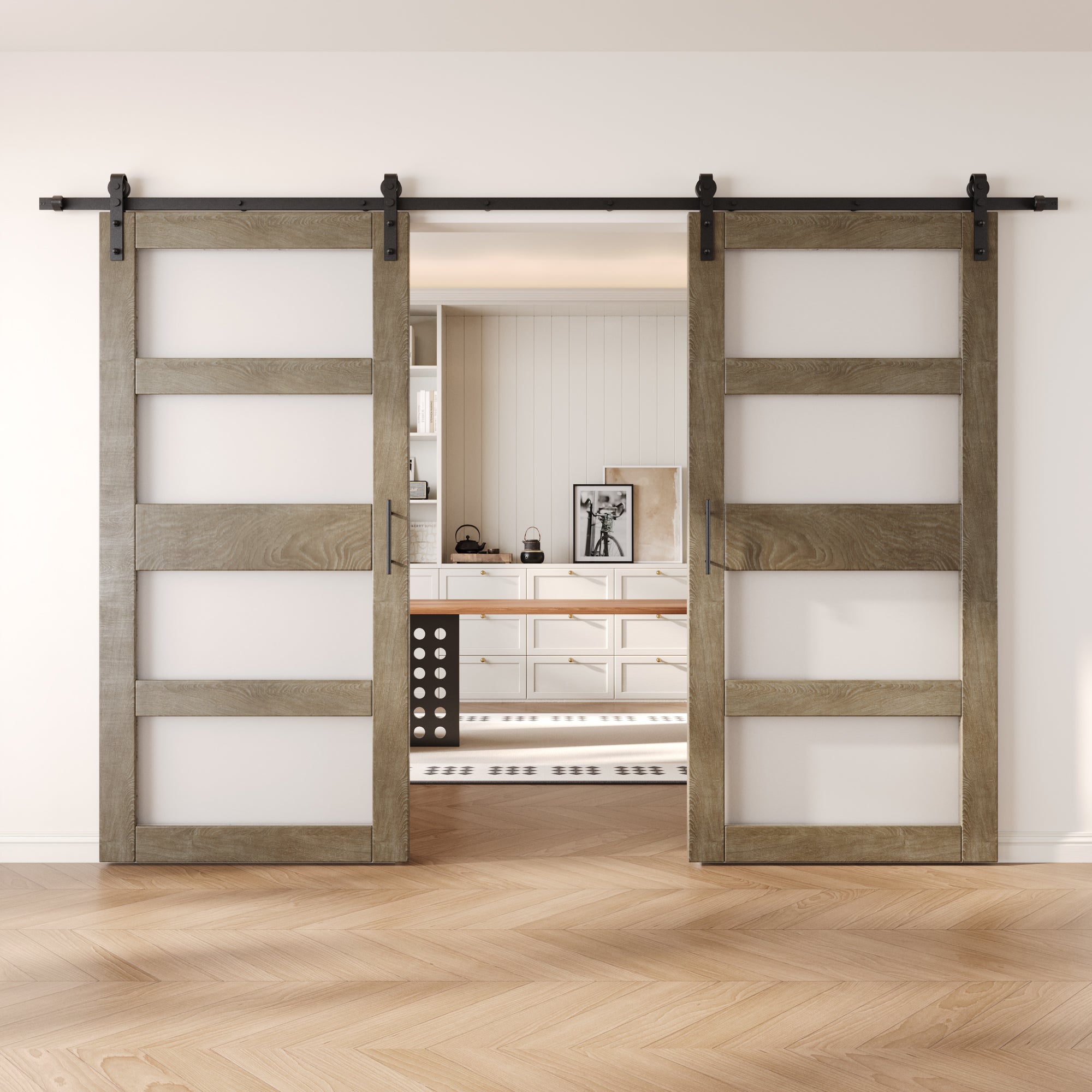 84" Height Classic Gray 4-Lite Frosted Glass Double Unassembled & Finished Pine Wood Barn Doors with Non-Bypass Installation Hardware Kit (Interior Use Only)