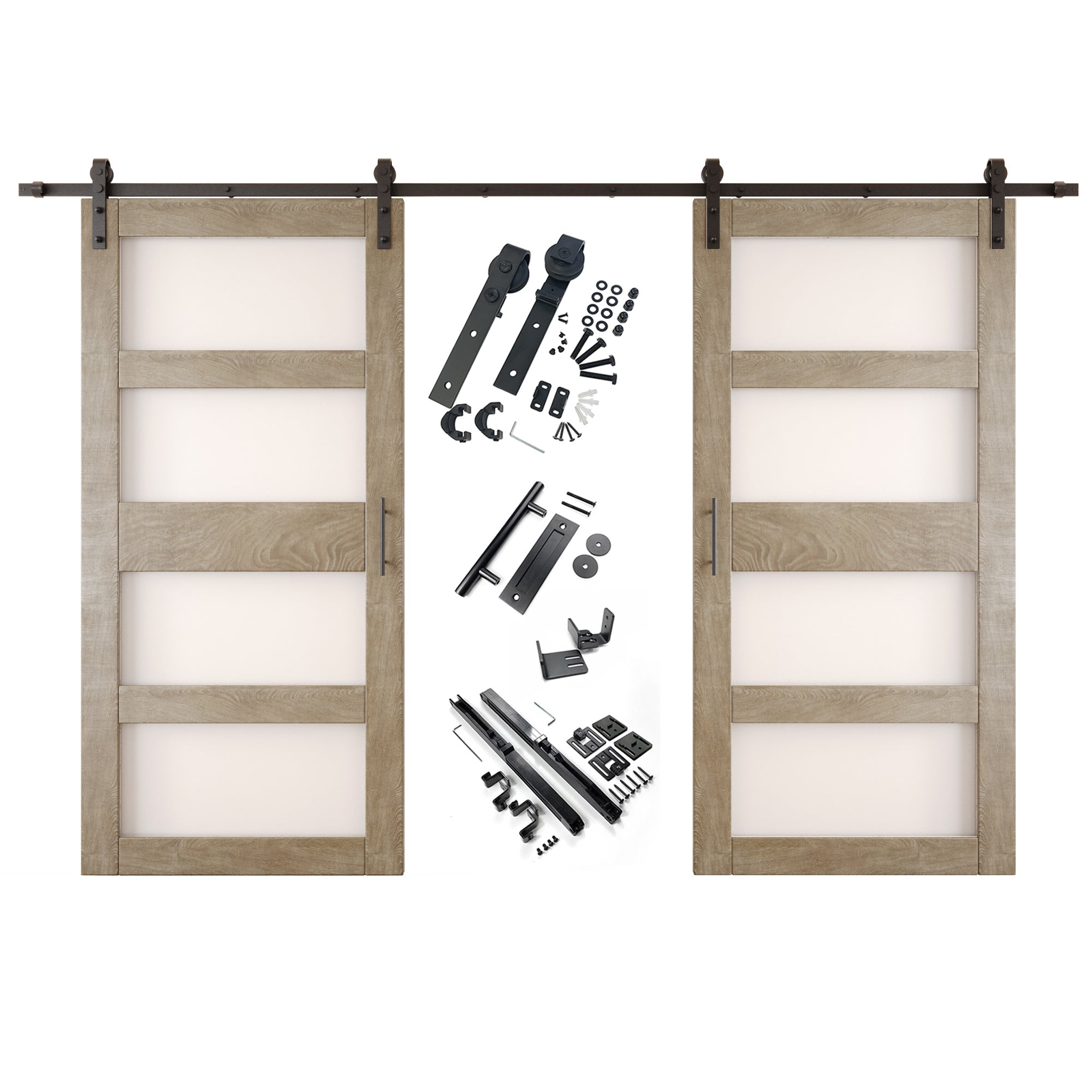 84" Height Classic Gray 4-Lite Frosted Glass Double Unassembled & Finished Pine Wood Barn Doors with Non-Bypass Installation Hardware Kit (Interior Use Only)