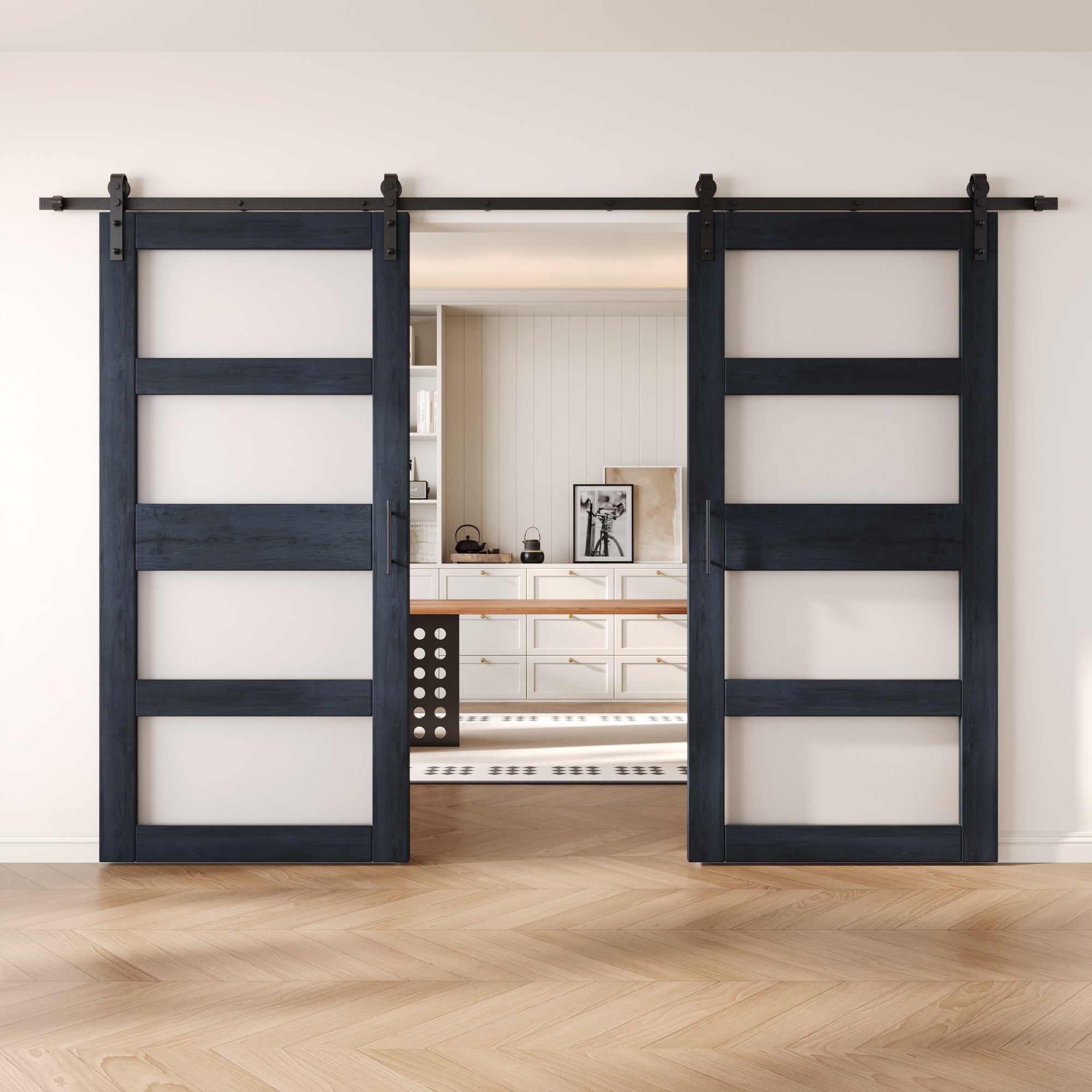 84" Height Navy 4-Lite Frosted Glass Double Unassembled & Finished Pine Wood Barn Doors with Non-Bypass Installation Hardware Kit (Interior Use Only)