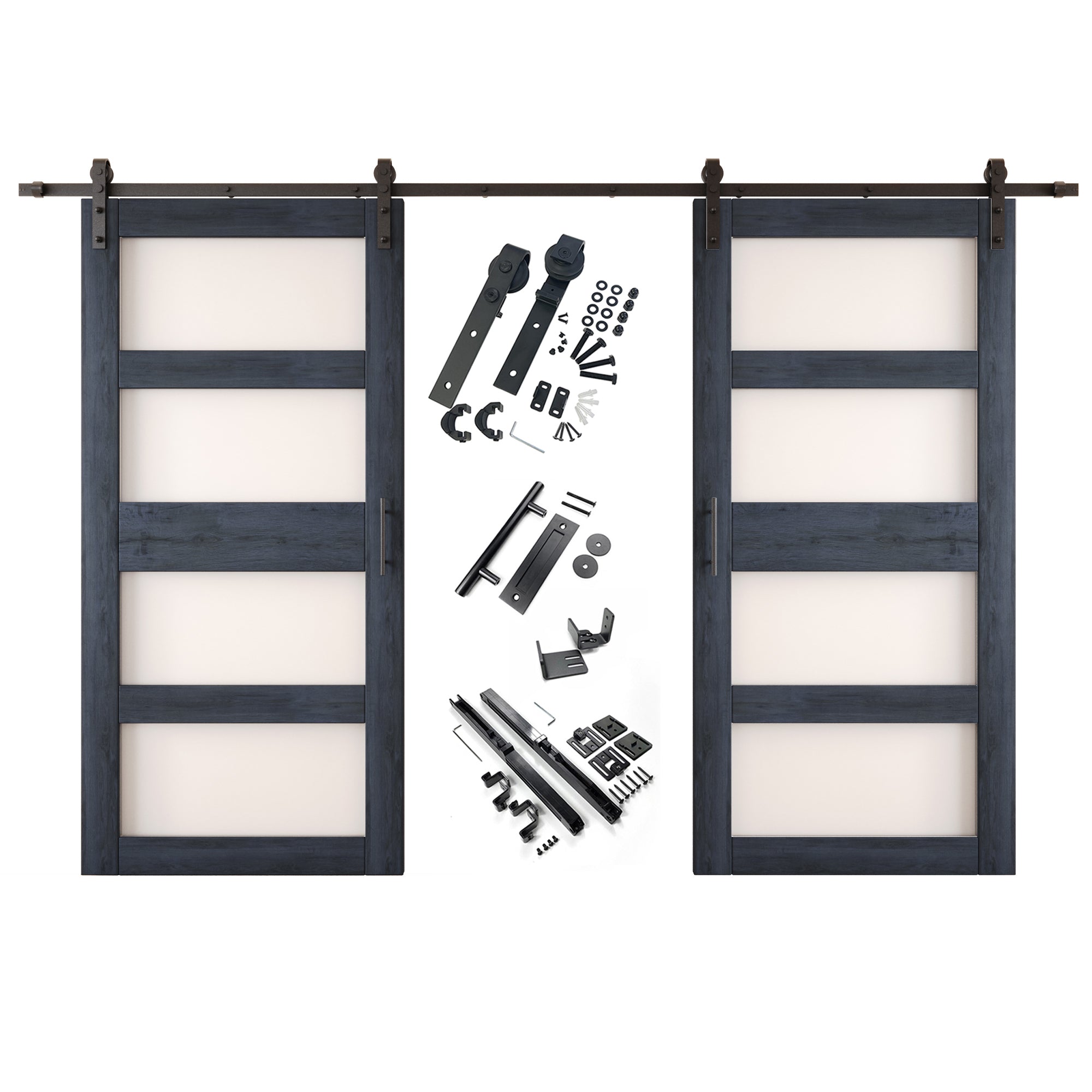 84" Height Navy 4-Lite Frosted Glass Double Unassembled & Finished Pine Wood Barn Doors with Non-Bypass Installation Hardware Kit (Interior Use Only)