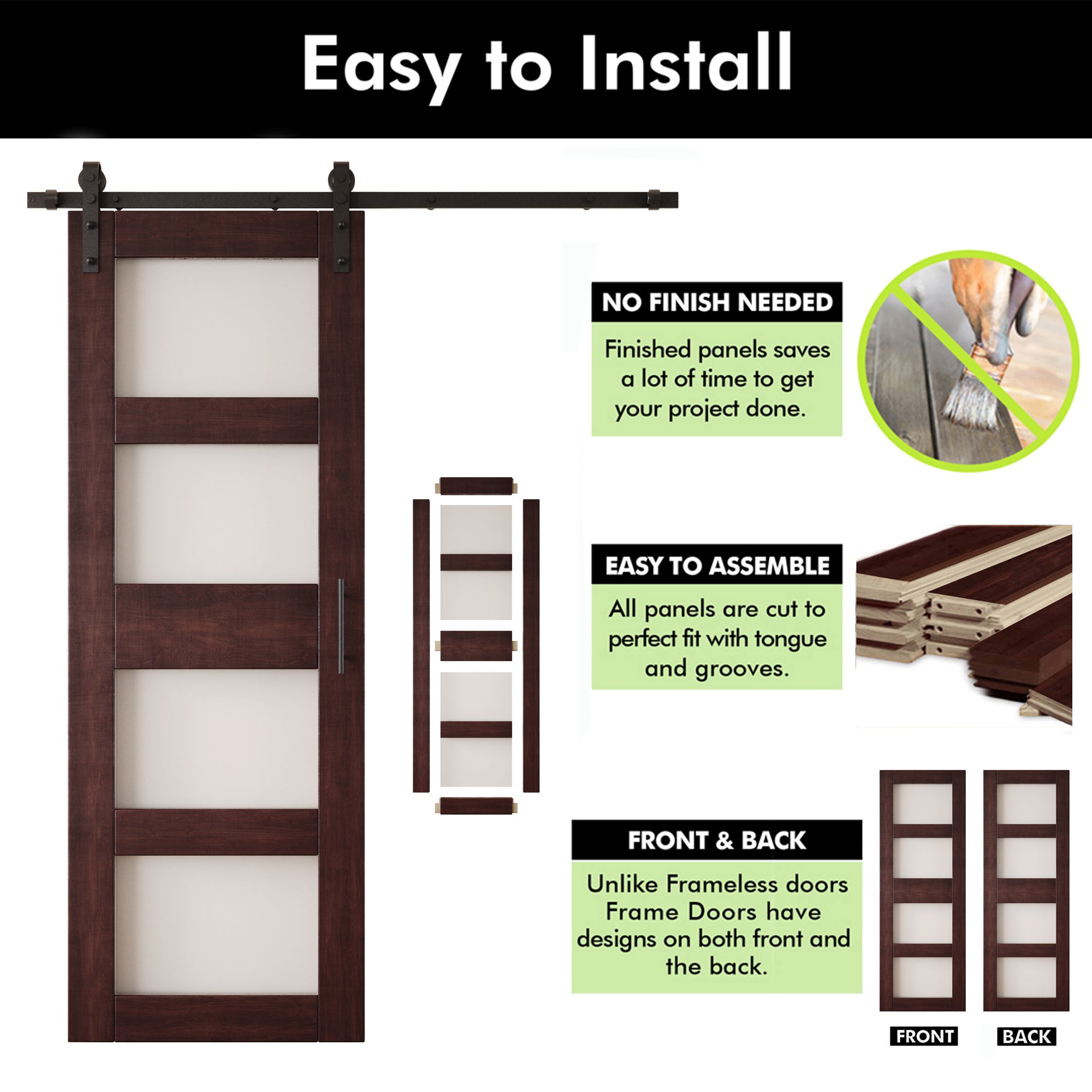 84" Height Red Mahogany 4-Lite Frosted Glass Double Unassembled & Finished Pine Wood Barn Doors with Non-Bypass Installation Hardware Kit (Interior Use Only)
