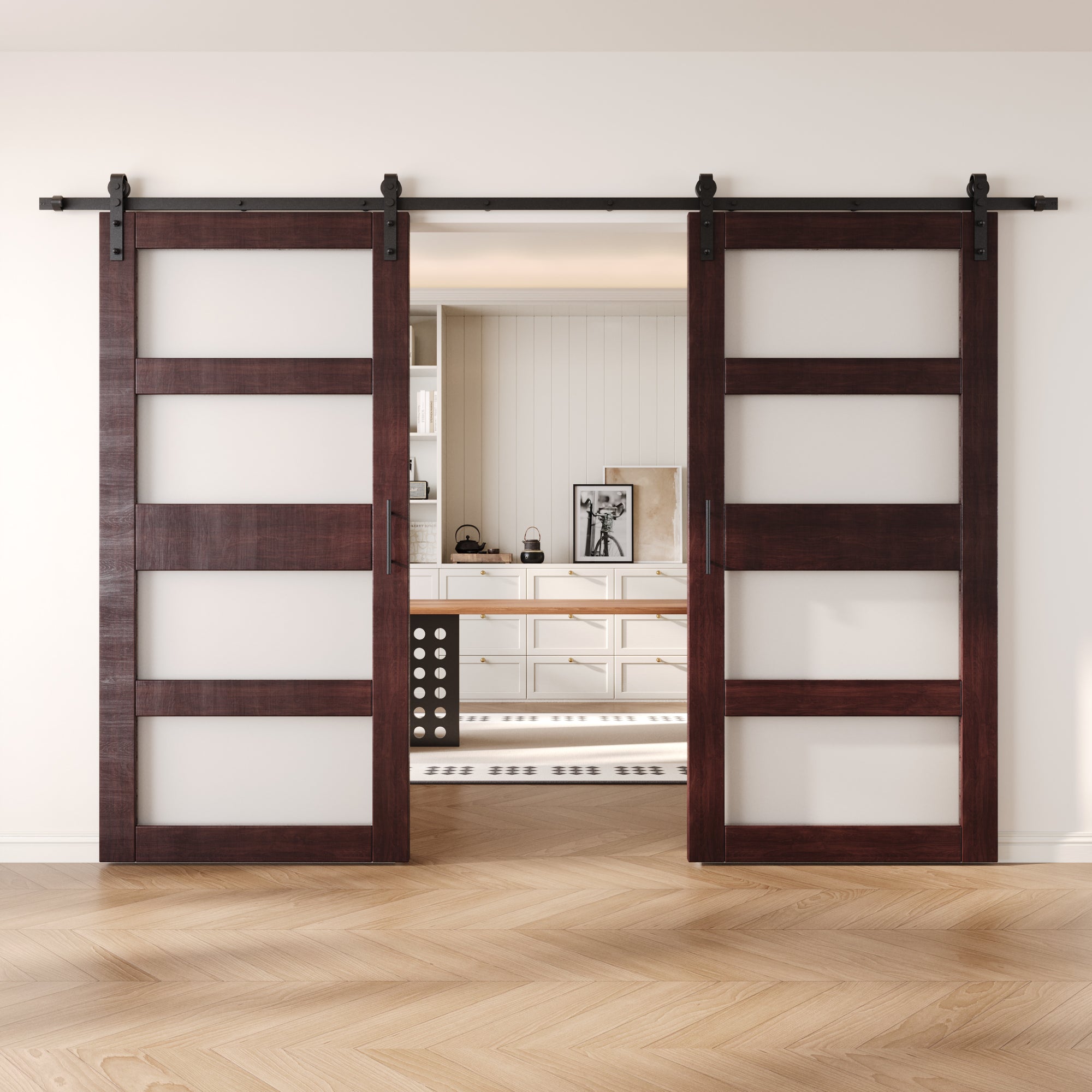 84" Height Red Mahogany 4-Lite Frosted Glass Double Unassembled & Finished Pine Wood Barn Doors with Non-Bypass Installation Hardware Kit (Interior Use Only)