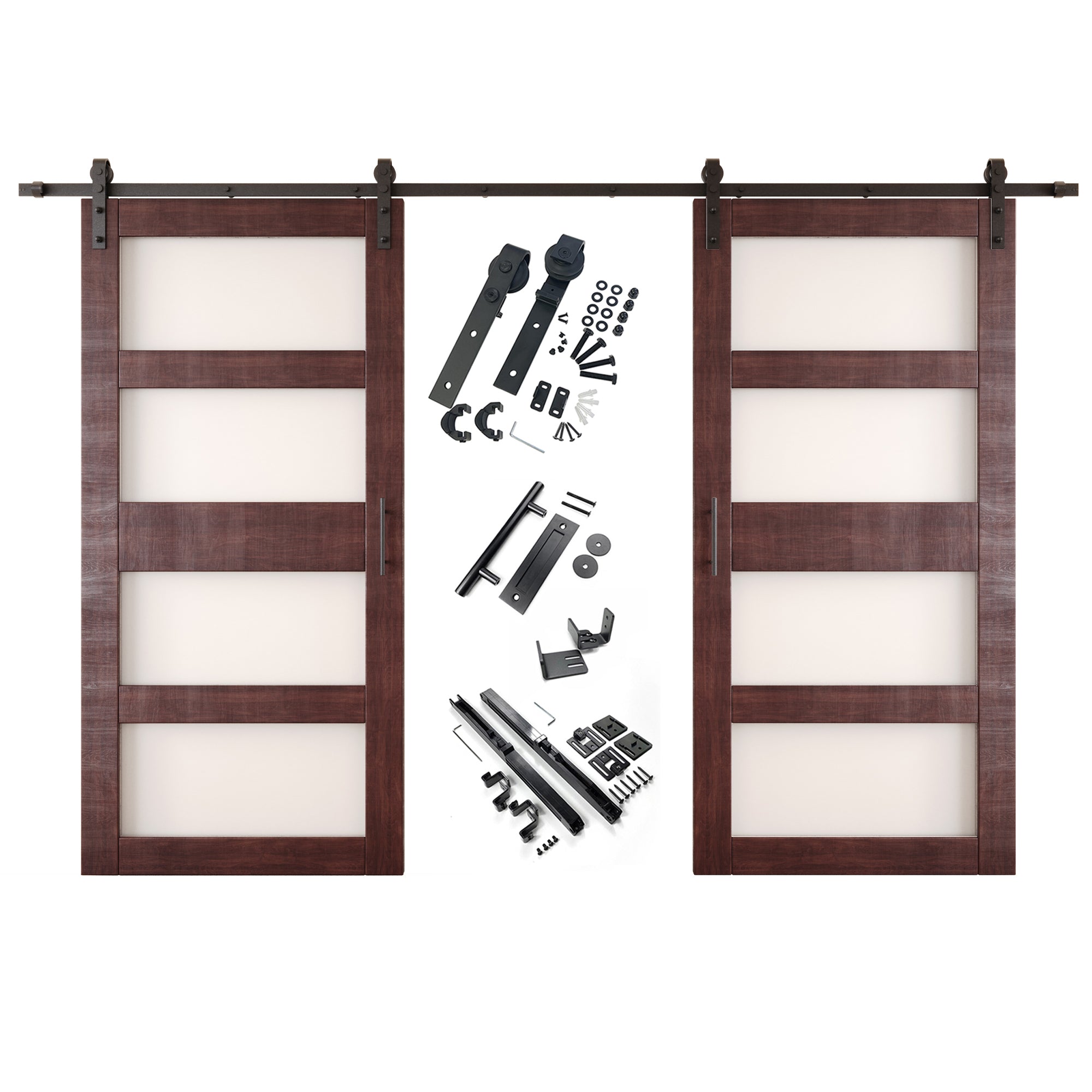 84" Height Red Mahogany 4-Lite Frosted Glass Double Unassembled & Finished Pine Wood Barn Doors with Non-Bypass Installation Hardware Kit (Interior Use Only)