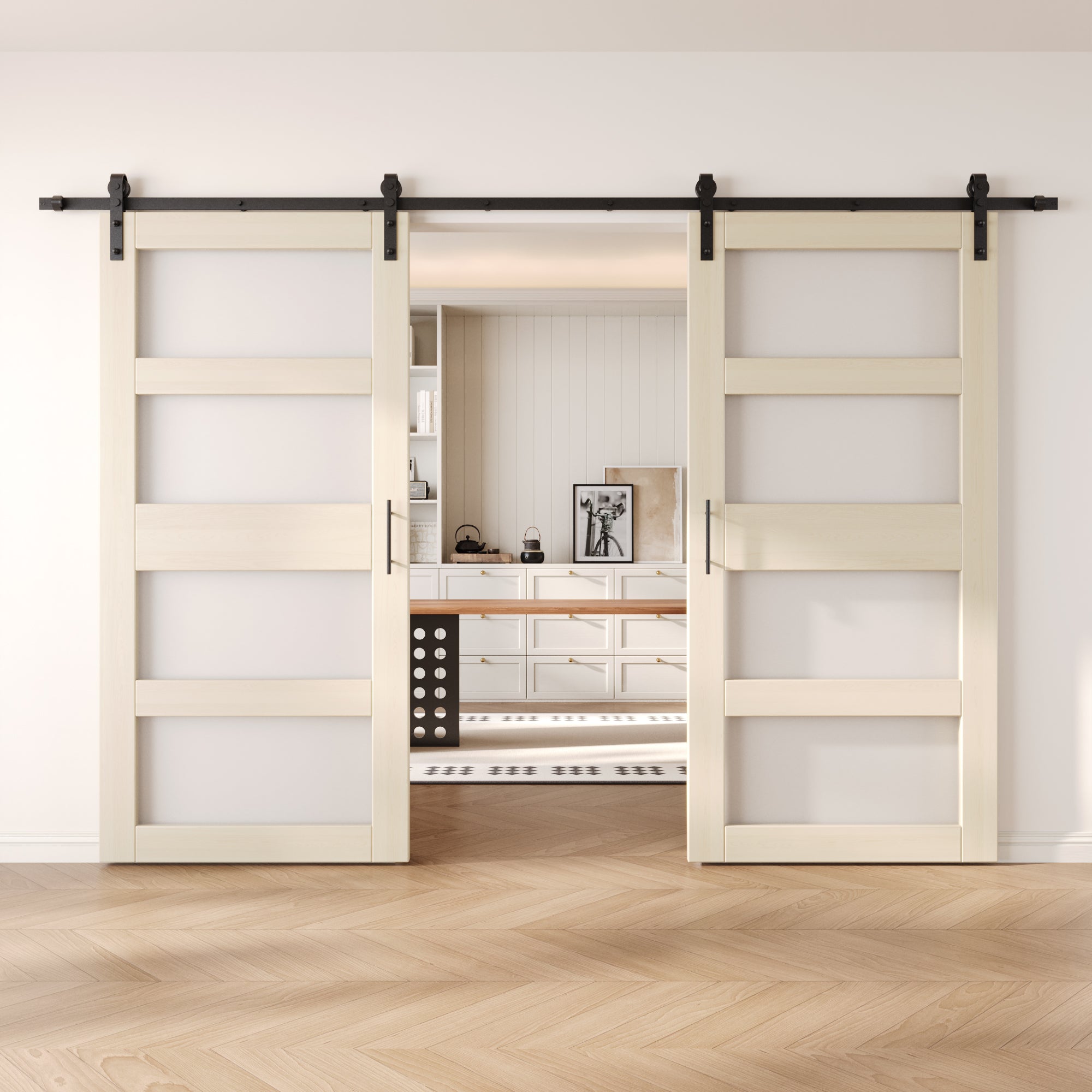 84" Height Tinsmith Gray 4-Lite Frosted Glass Double Unassembled & Finished Pine Wood Barn Doors with Non-Bypass Installation Hardware Kit (Interior Use Only)