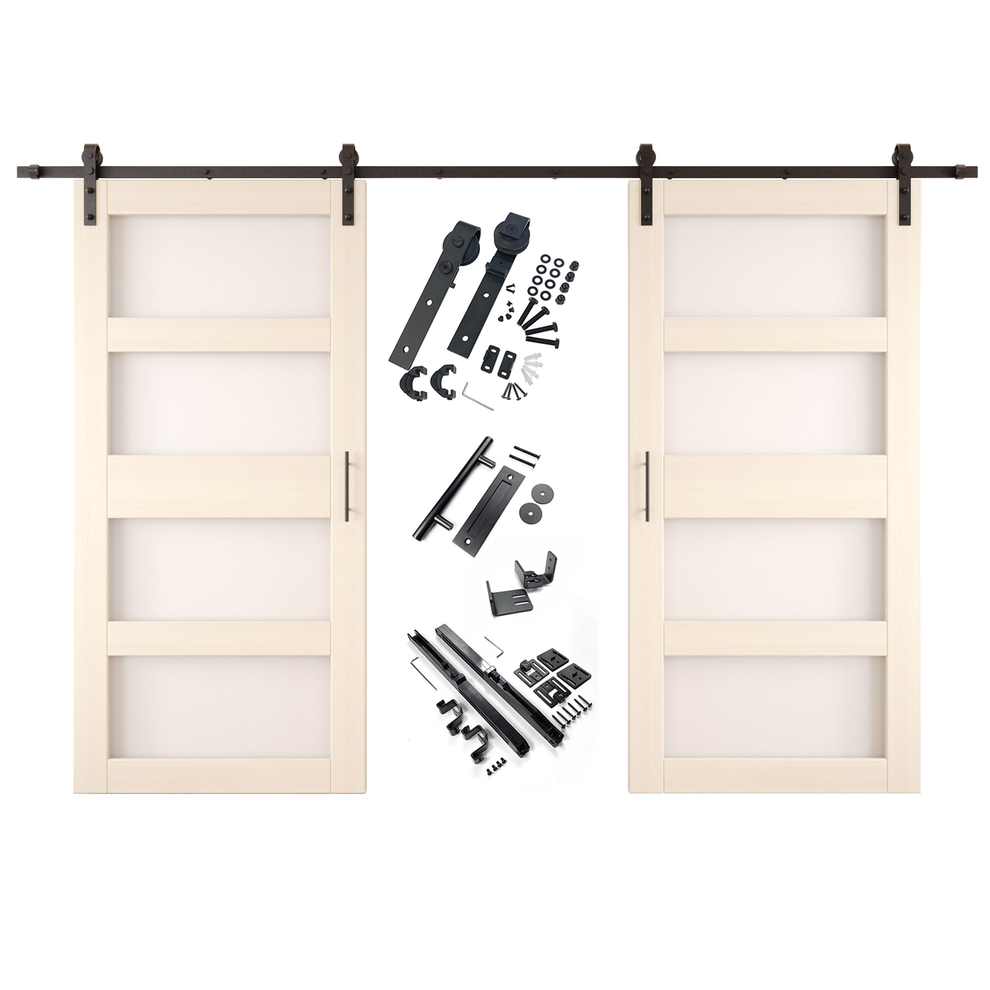 84" Height Tinsmith Gray 4-Lite Frosted Glass Double Unassembled & Finished Pine Wood Barn Doors with Non-Bypass Installation Hardware Kit (Interior Use Only)