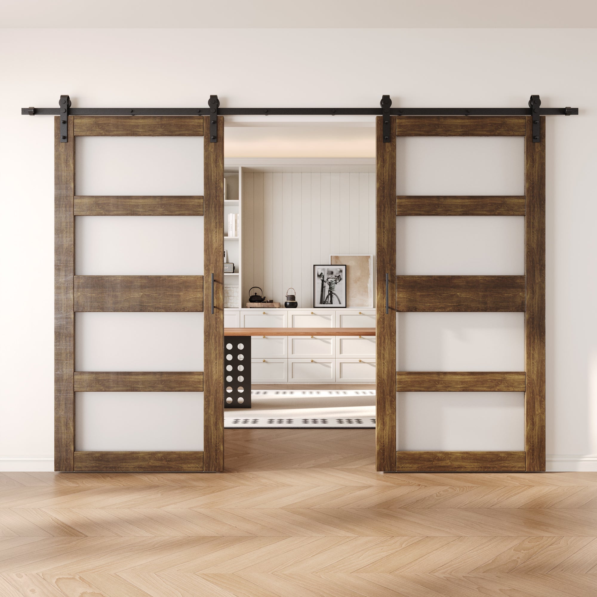 84" Height Dark Walnut 4-Lite Frosted Glass Double Unassembled & Finished Pine Wood Barn Doors with Non-Bypass Installation Hardware Kit (Interior Use Only)