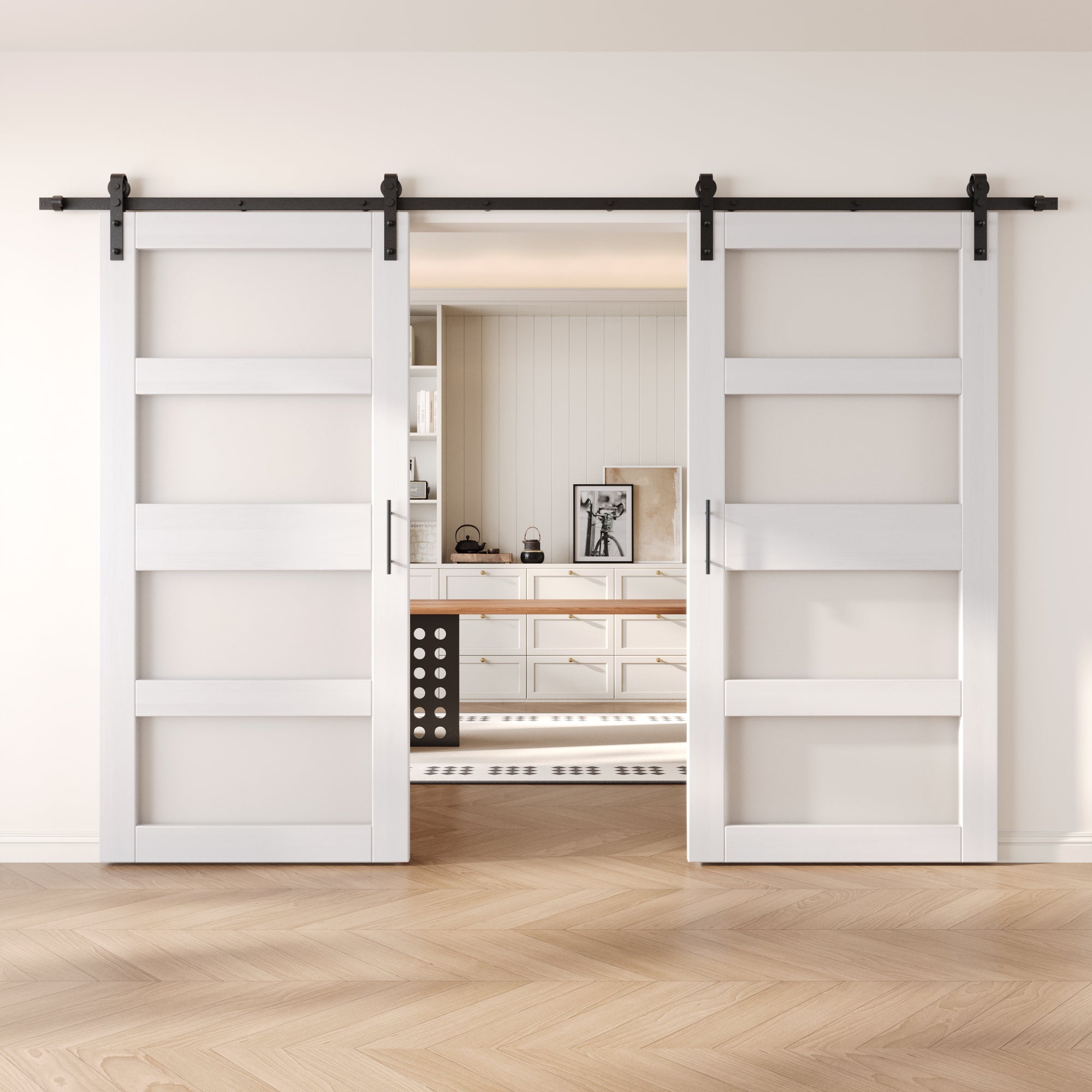 84" Height White 4-Lite Frosted Glass Double Unassembled & Finished Pine Wood Barn Doors with Non-Bypass Installation Hardware Kit (Interior Use Only)