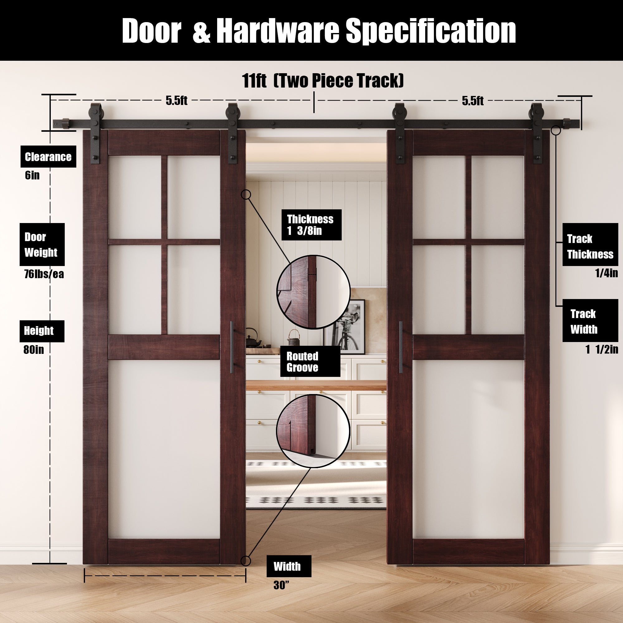 80" Height Red Mahogany 5-Lite Frosted Glass Double Unassembled & Finished Pine Wood Barn Doors with Non-Bypass Installation Hardware Kit (Interior Use Only)
