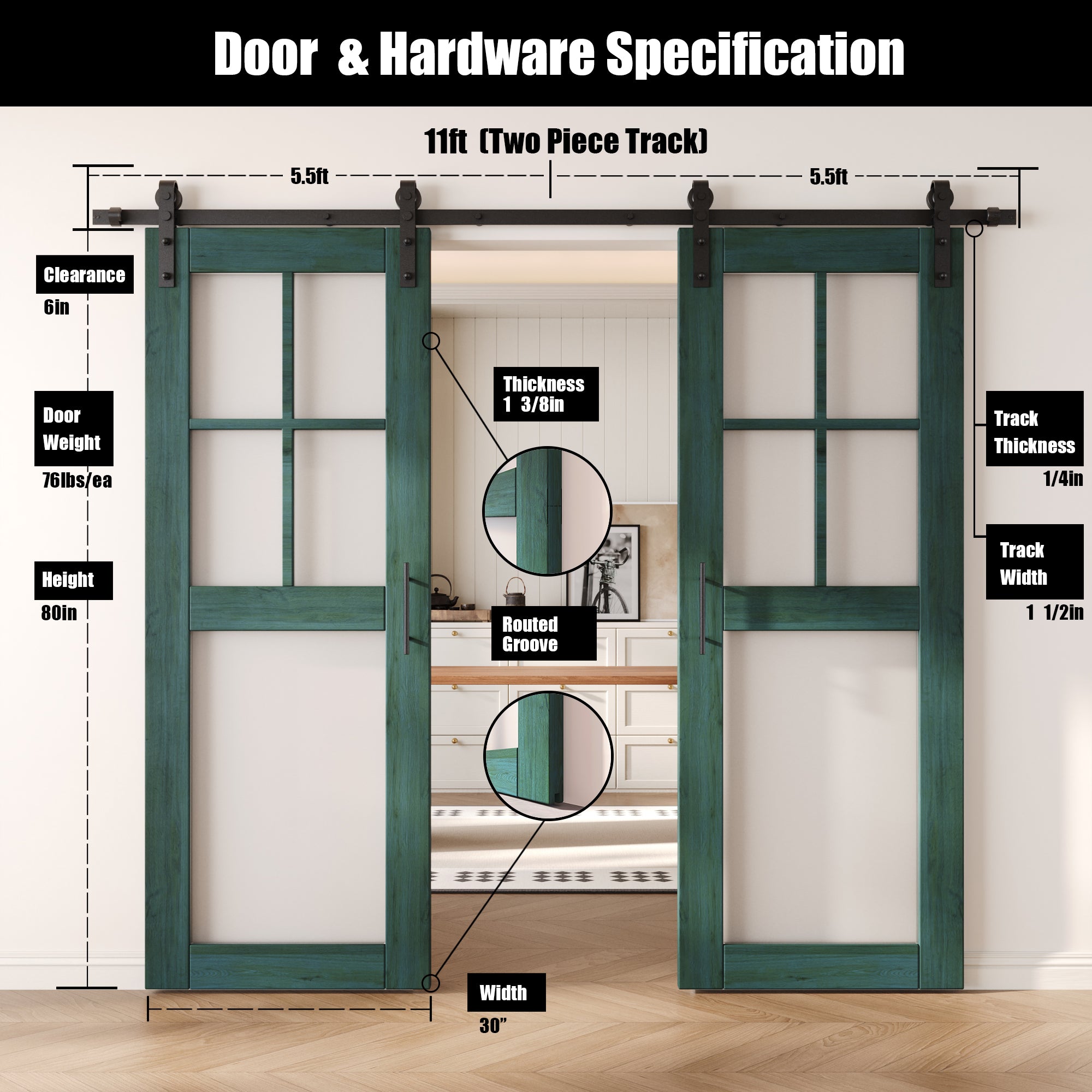 80" Height Royal Pine 5-Lite Frosted Glass Double Unassembled & Finished Pine Wood Barn Doors with Non-Bypass Installation Hardware Kit (Interior Use Only)
