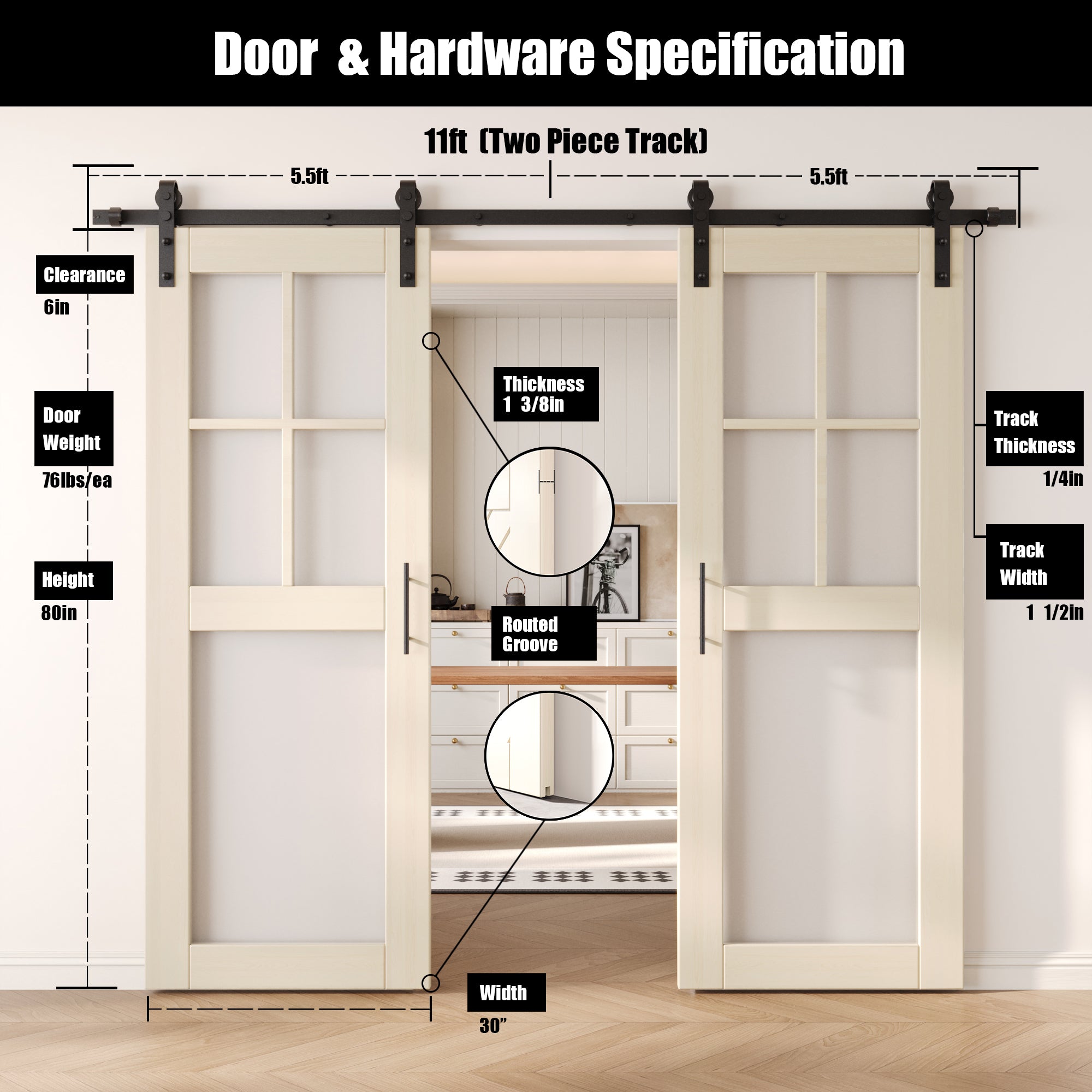 80" Height Tinsmith Gray 5-Lite Frosted Glass Double Unassembled & Finished Pine Wood Barn Doors with Non-Bypass Installation Hardware Kit (Interior Use Only)