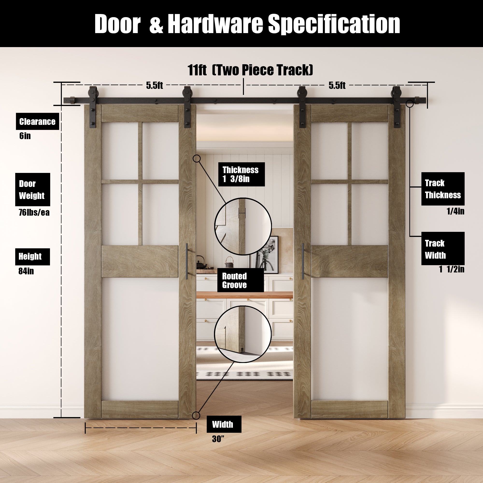 84" Height Classic Gray 5-Lite Frosted Glass Double Unassembled & Finished Pine Wood Barn Doors with Non-Bypass Installation Hardware Kit (Interior Use Only)