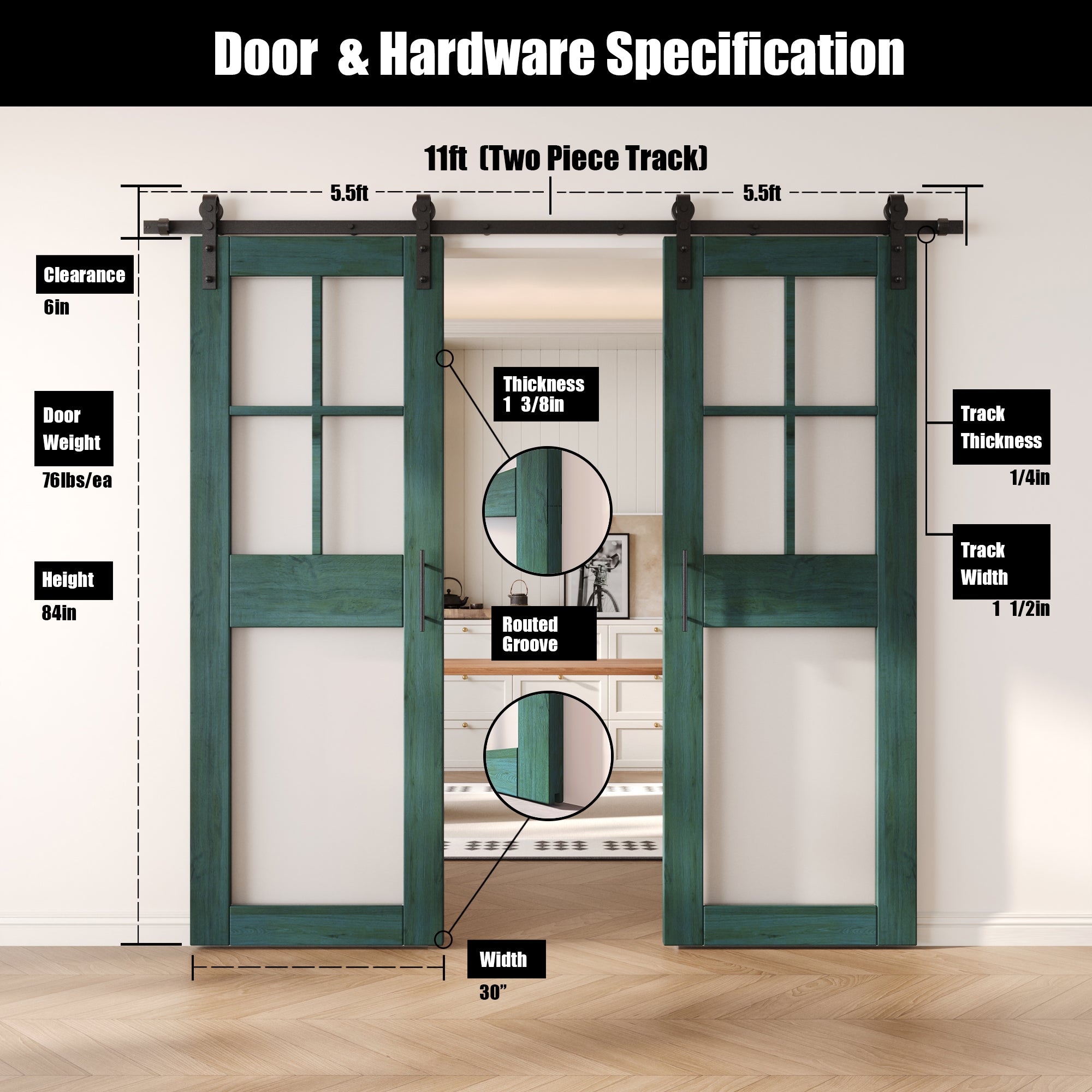 84" Height Royal Pine 5-Lite Frosted Glass Double Unassembled & Finished Pine Wood Barn Doors with Non-Bypass Installation Hardware Kit (Interior Use Only)
