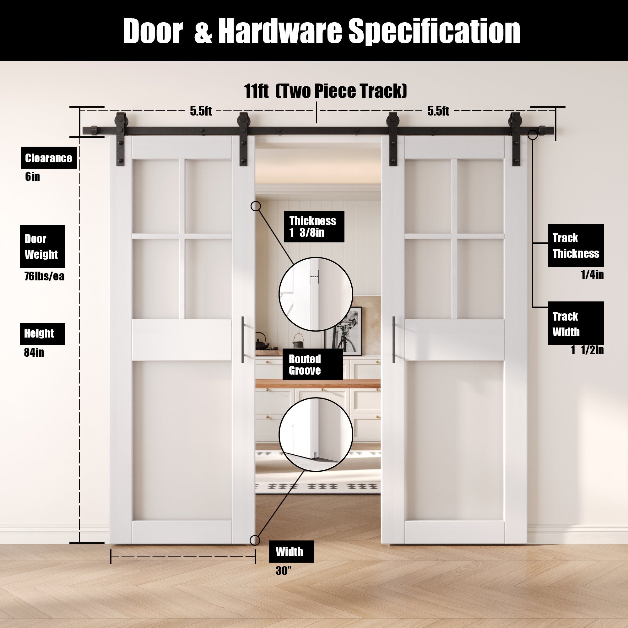 84" Height White 5-Lite Frosted Glass Double Unassembled & Finished Pine Wood Barn Doors with Non-Bypass Installation Hardware Kit (Interior Use Only)