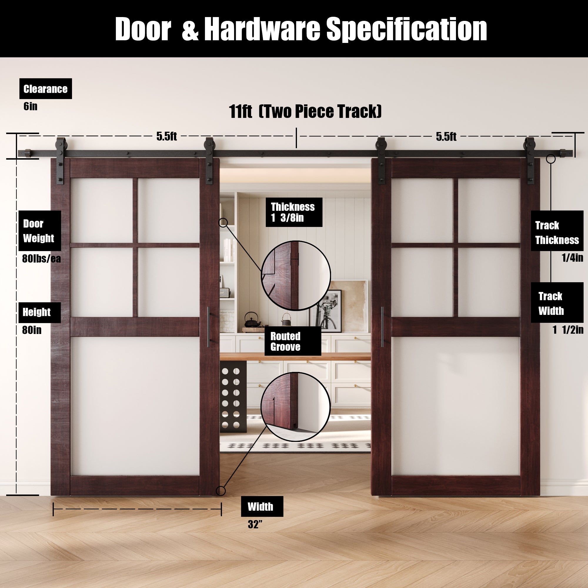 80" Height Red Mahogany 5-Lite Frosted Glass Double Unassembled & Finished Pine Wood Barn Doors with Non-Bypass Installation Hardware Kit (Interior Use Only)