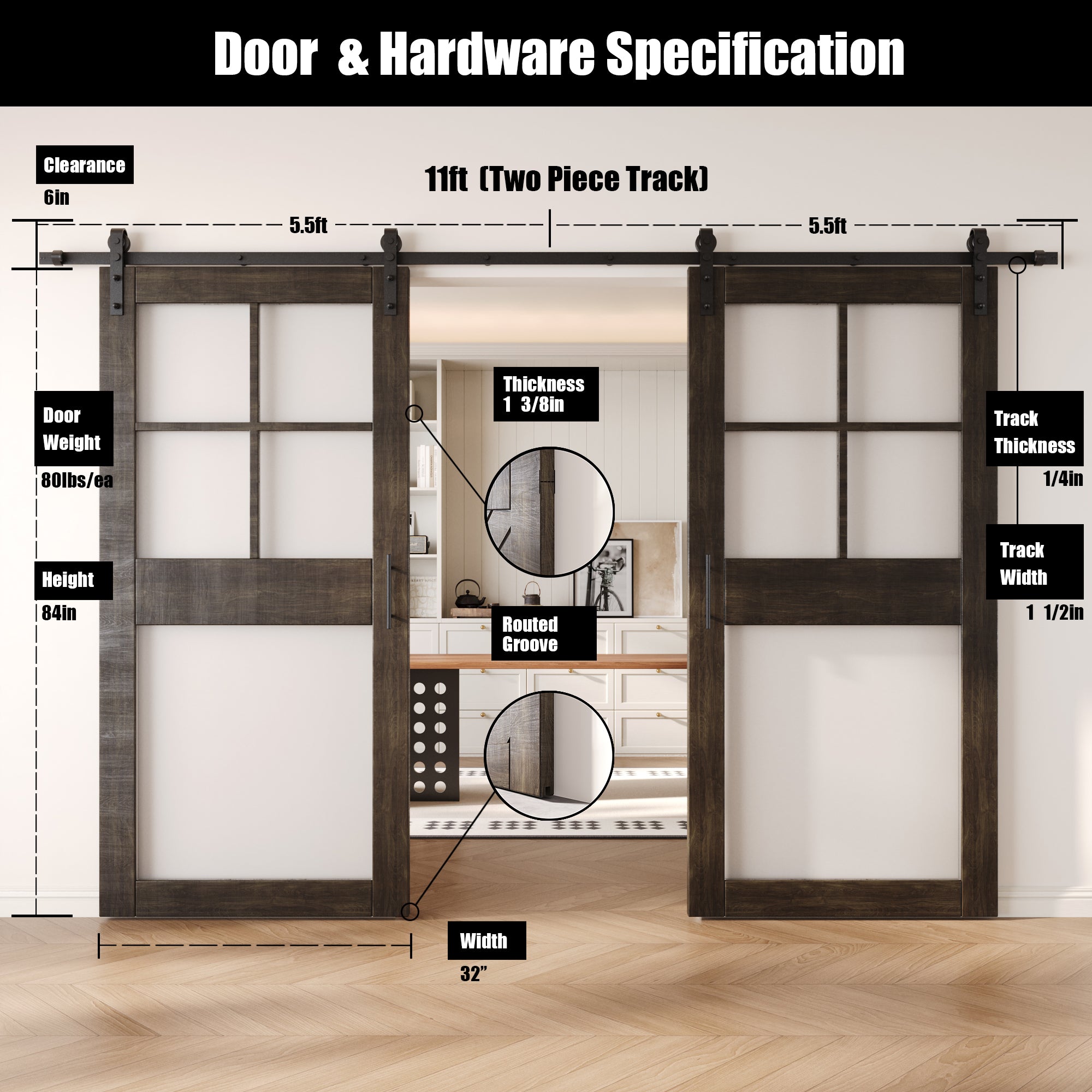 84" Height Ebony 5-Lite Frosted Glass Double Unassembled & Finished Pine Wood Barn Doors with Non-Bypass Installation Hardware Kit (Interior Use Only)