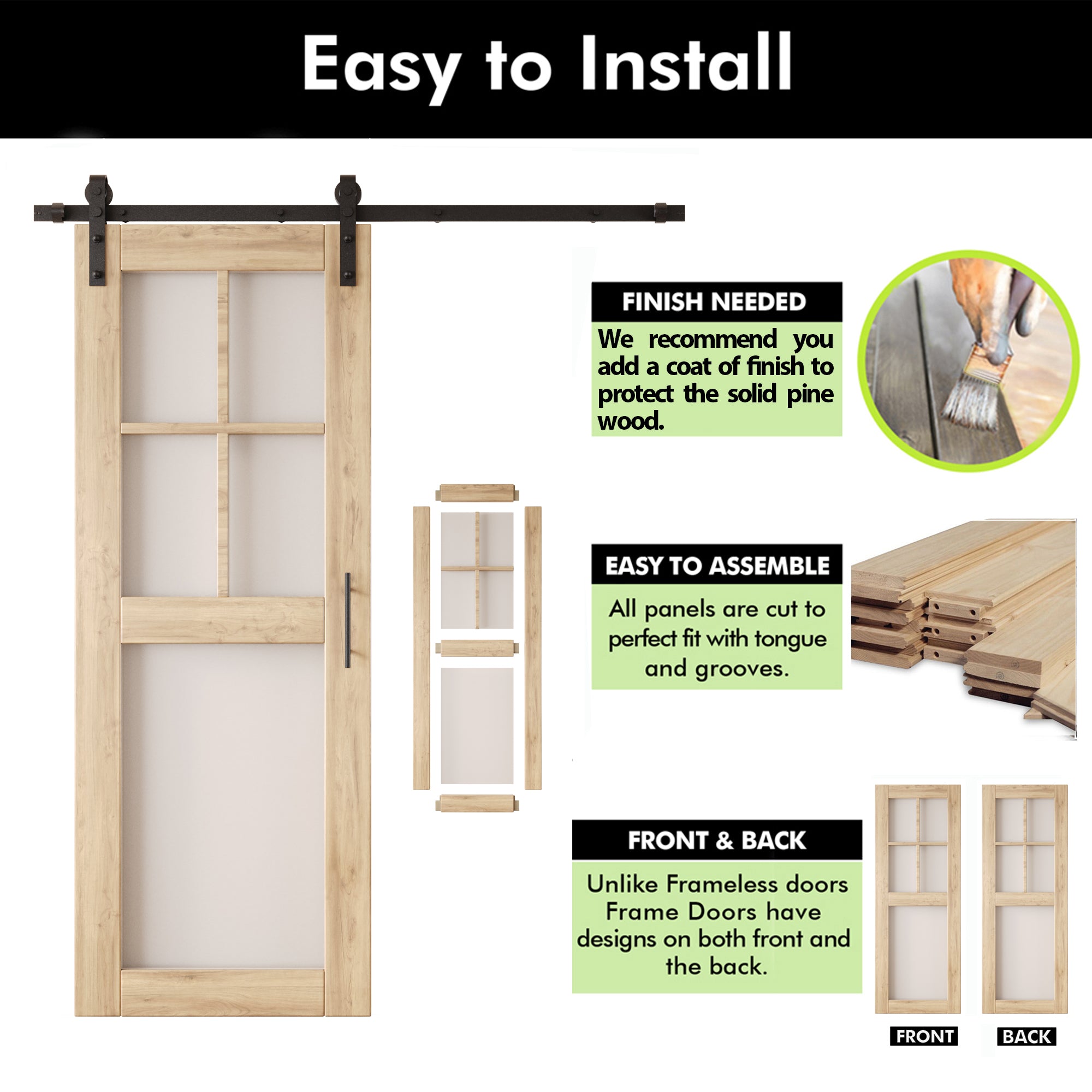 80" Height 5-Lite Frosted Glass Double Unassembled & Unfinished Pine Wood Barn Doors with Non-Bypass Installation Hardware Kit (Interior Use Only)