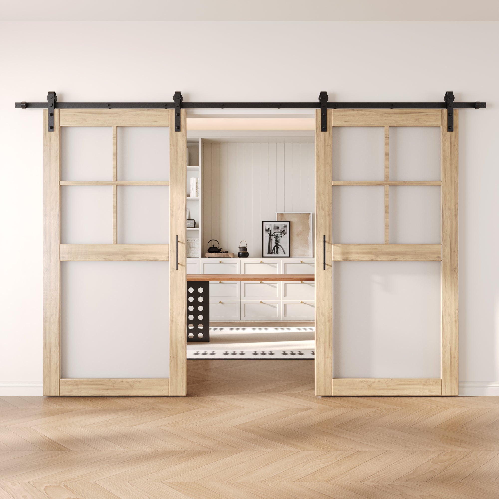 80" Height 5-Lite Frosted Glass Double Unassembled & Unfinished Pine Wood Barn Doors with Non-Bypass Installation Hardware Kit (Interior Use Only)