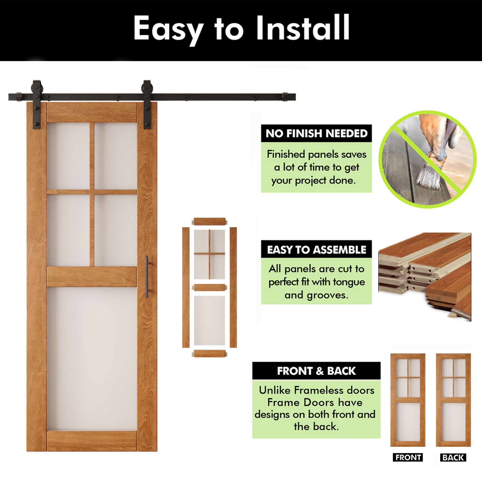 80" Height Early American 5-Lite Frosted Glass Double Unassembled & Finished Pine Wood Barn Doors with Non-Bypass Installation Hardware Kit (Interior Use Only)