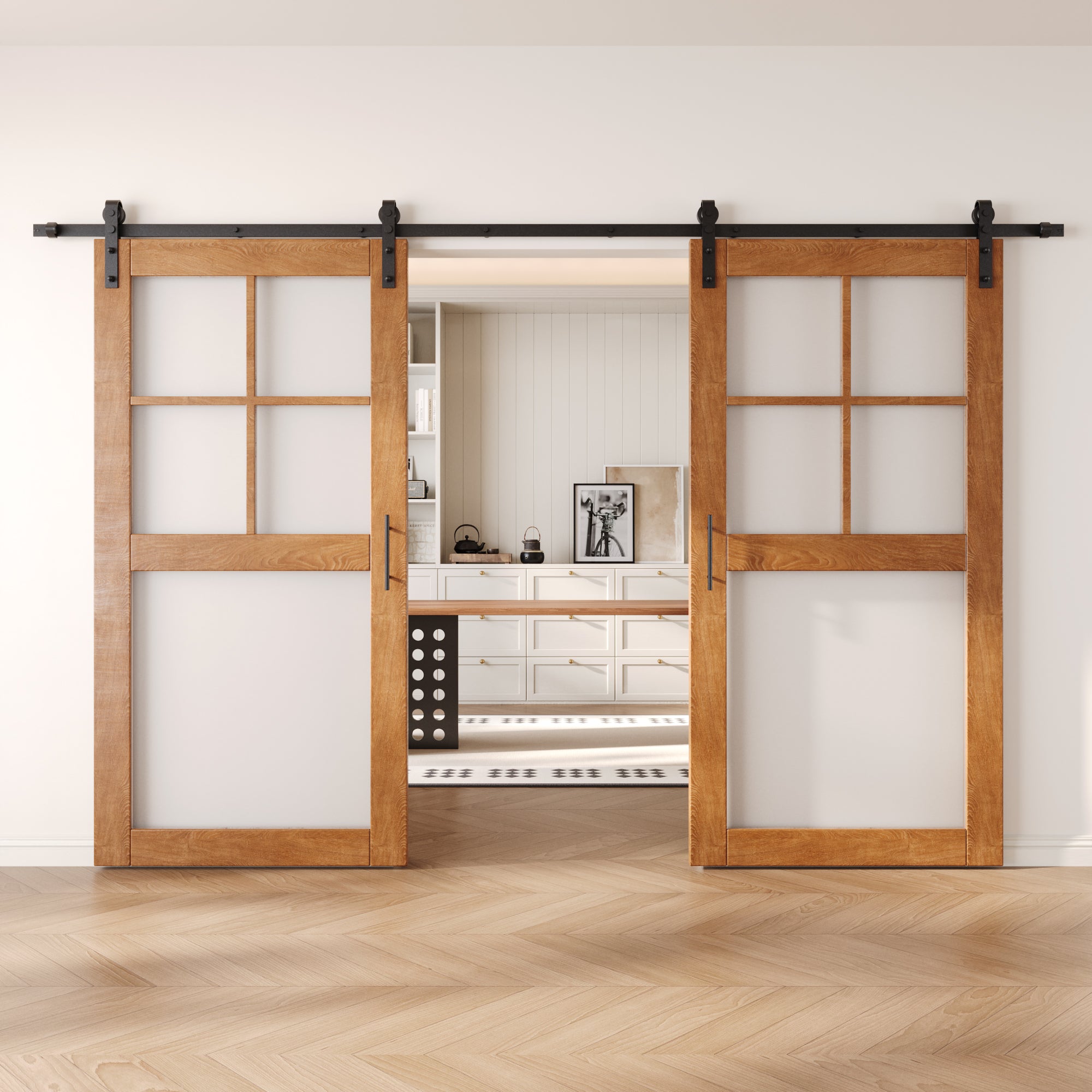 80" Height Early American 5-Lite Frosted Glass Double Unassembled & Finished Pine Wood Barn Doors with Non-Bypass Installation Hardware Kit (Interior Use Only)
