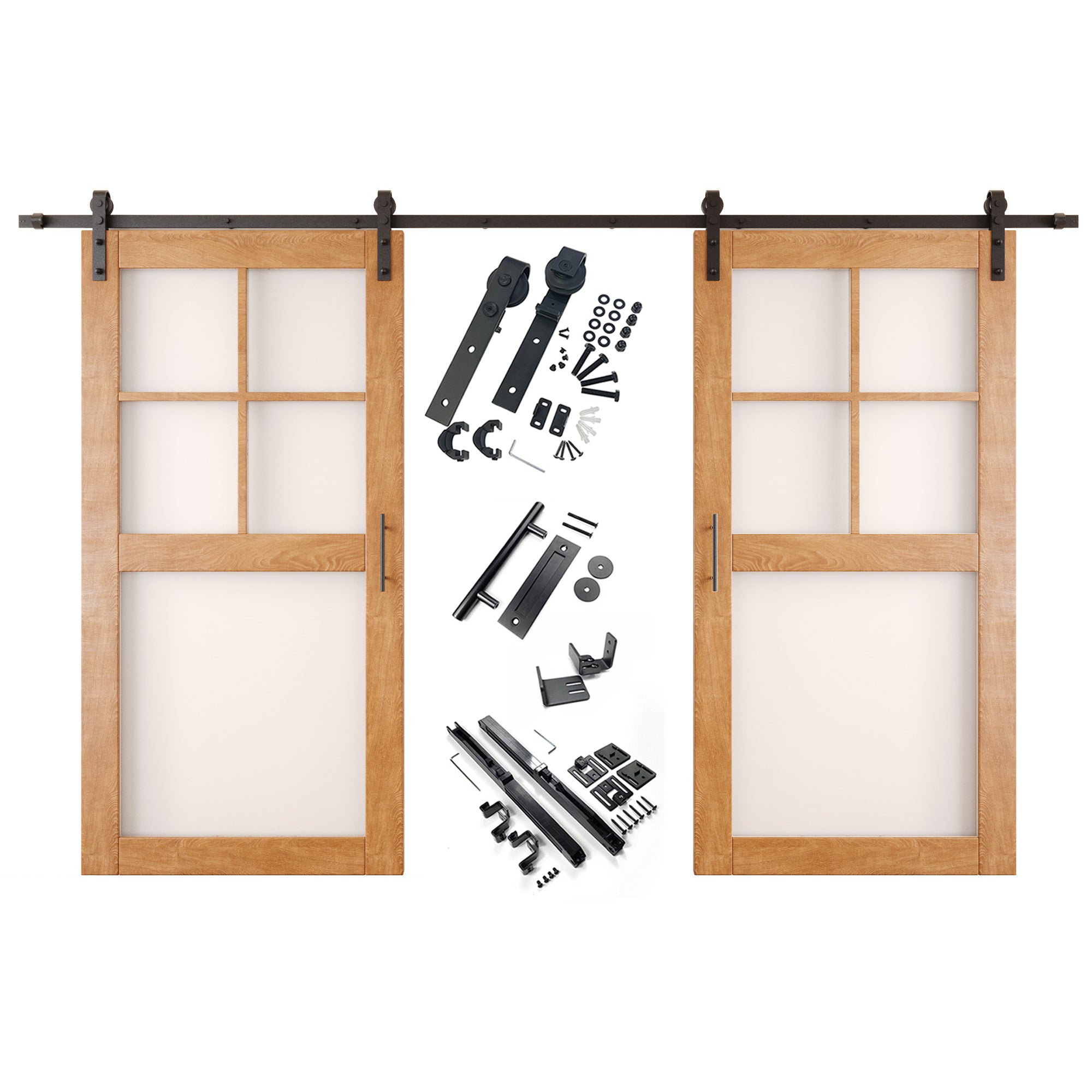 80" Height Early American 5-Lite Frosted Glass Double Unassembled & Finished Pine Wood Barn Doors with Non-Bypass Installation Hardware Kit (Interior Use Only)
