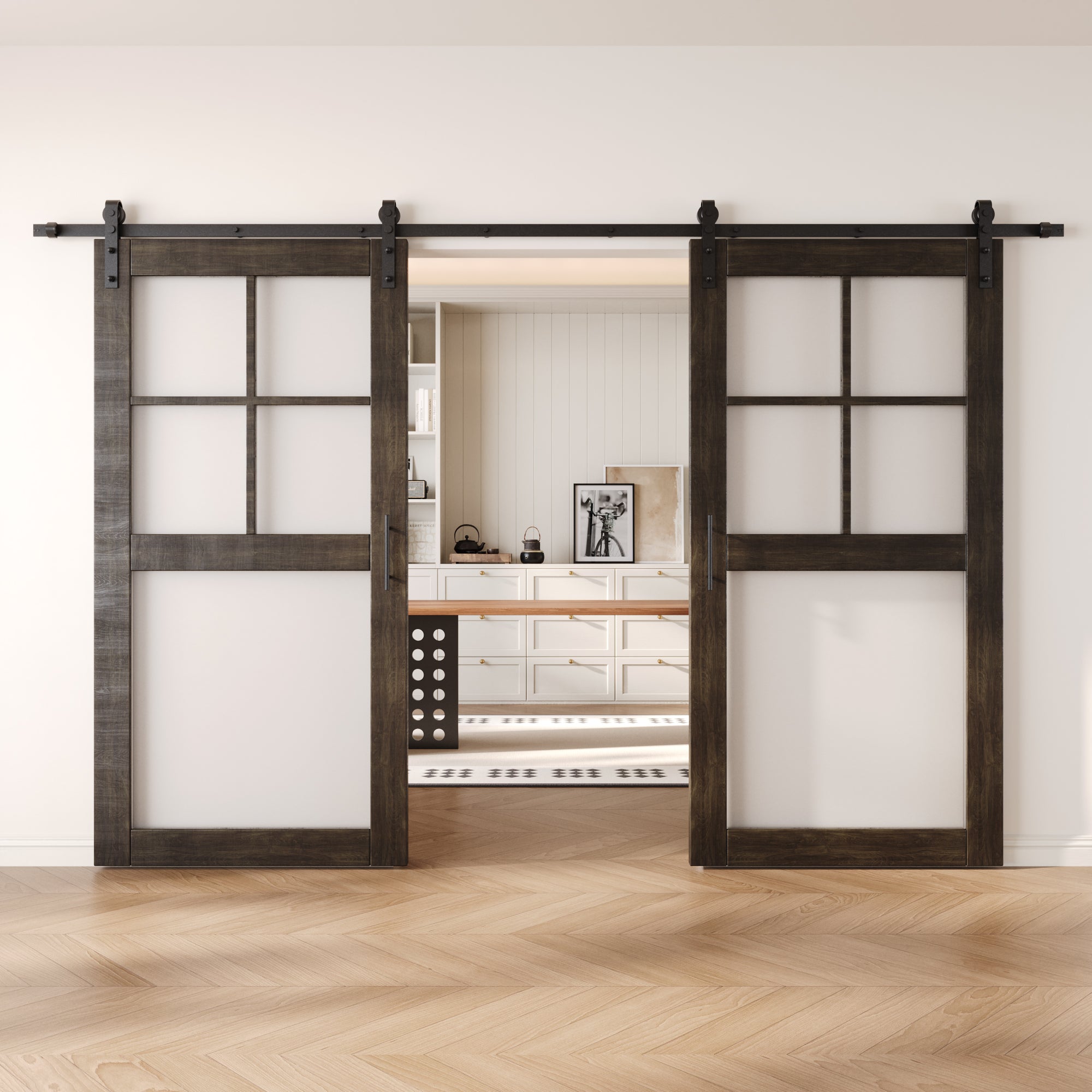 80" Height Ebony 5-Lite Frosted Glass Double Unassembled & Finished Pine Wood Barn Doors with Non-Bypass Installation Hardware Kit (Interior Use Only)