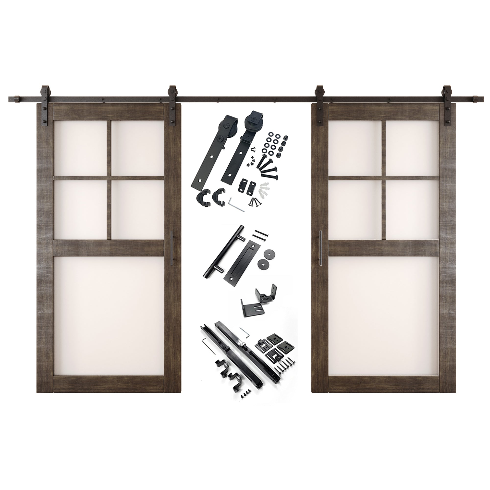 80" Height Ebony 5-Lite Frosted Glass Double Unassembled & Finished Pine Wood Barn Doors with Non-Bypass Installation Hardware Kit (Interior Use Only)