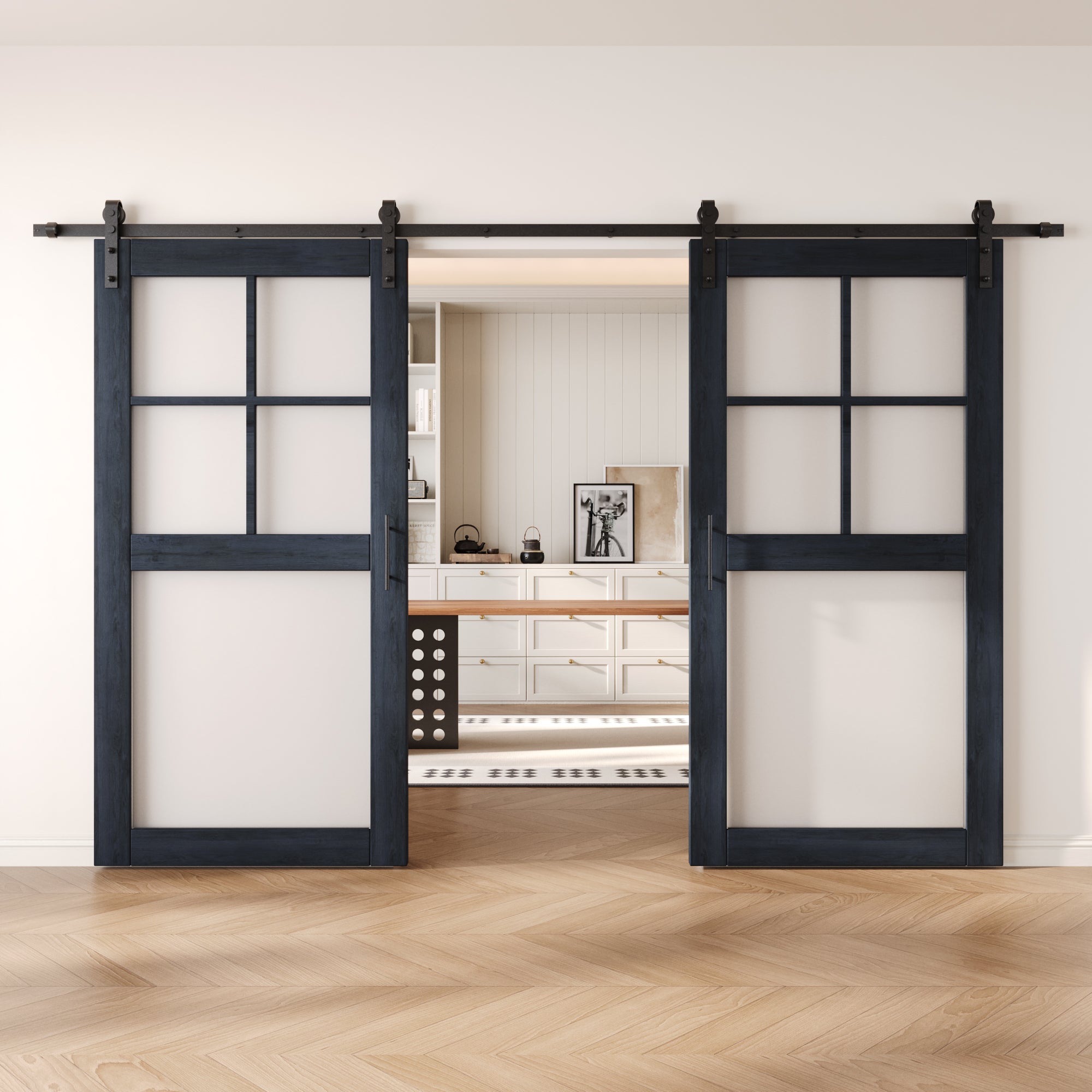 80" Height Navy 5-Lite Frosted Glass Double Unassembled & Finished Pine Wood Barn Doors with Non-Bypass Installation Hardware Kit (Interior Use Only)
