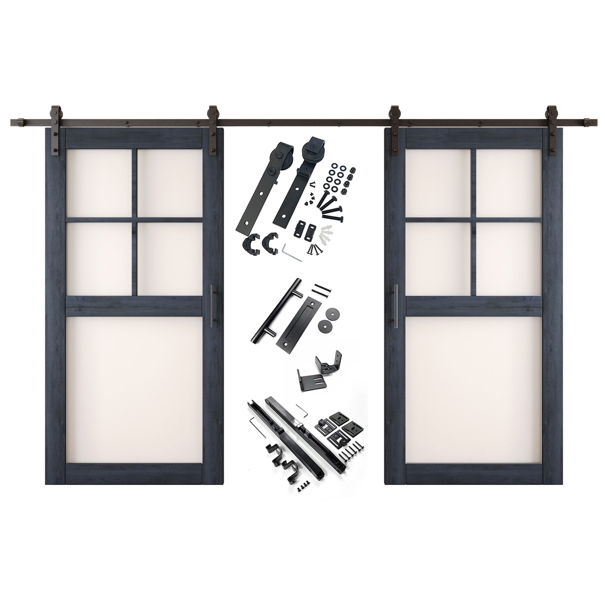 80" Height Navy 5-Lite Frosted Glass Double Unassembled & Finished Pine Wood Barn Doors with Non-Bypass Installation Hardware Kit (Interior Use Only)