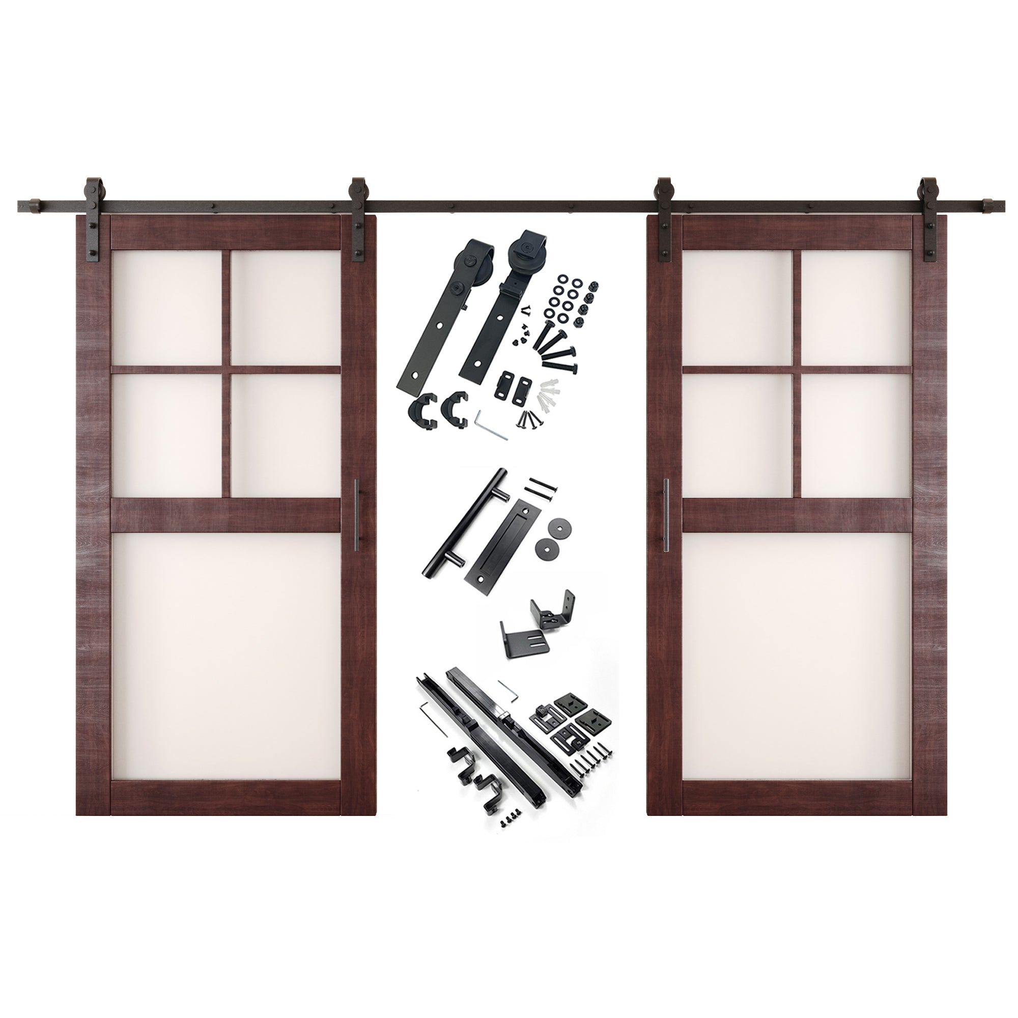 80" Height Red Mahogany 5-Lite Frosted Glass Double Unassembled & Finished Pine Wood Barn Doors with Non-Bypass Installation Hardware Kit (Interior Use Only)