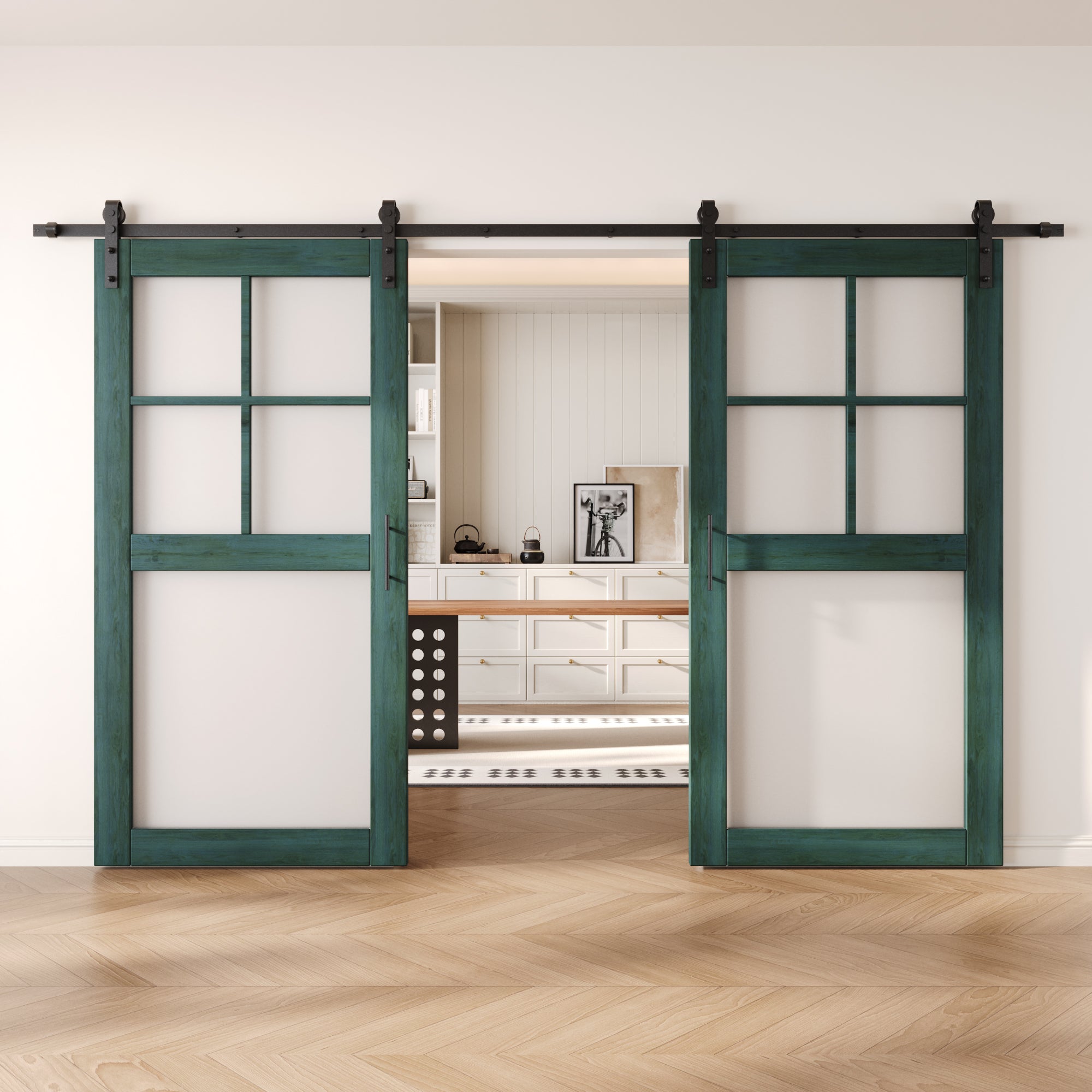 80" Height Royal Pine 5-Lite Frosted Glass Double Unassembled & Finished Pine Wood Barn Doors with Non-Bypass Installation Hardware Kit (Interior Use Only)