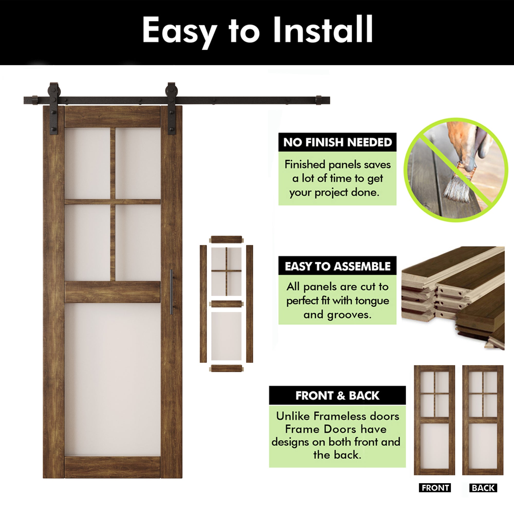 80" Height Dark Walnut 5-Lite Frosted Glass Double Unassembled & Finished Pine Wood Barn Doors with Non-Bypass Installation Hardware Kit (Interior Use Only)