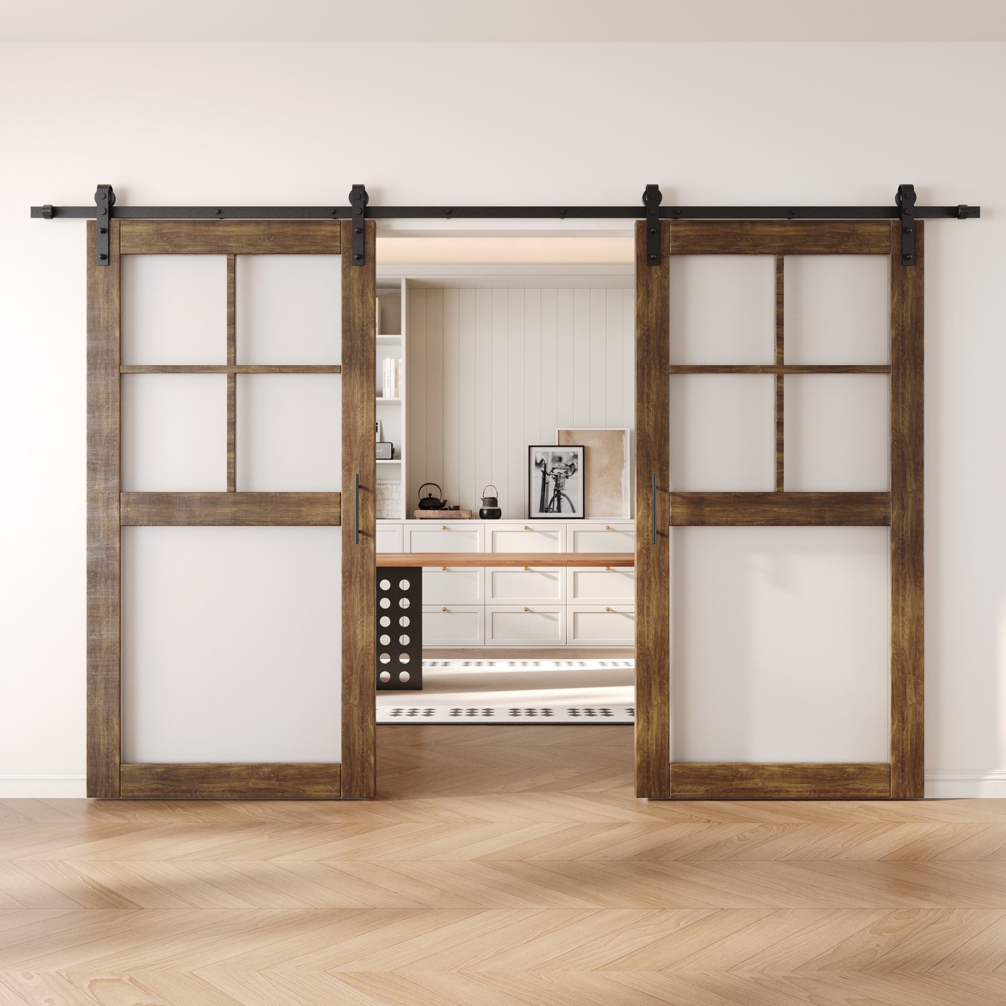 80" Height Dark Walnut 5-Lite Frosted Glass Double Unassembled & Finished Pine Wood Barn Doors with Non-Bypass Installation Hardware Kit (Interior Use Only)