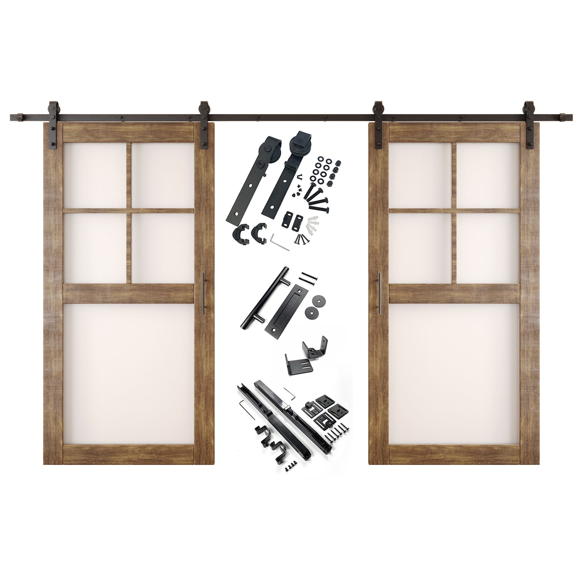 80" Height Dark Walnut 5-Lite Frosted Glass Double Unassembled & Finished Pine Wood Barn Doors with Non-Bypass Installation Hardware Kit (Interior Use Only)