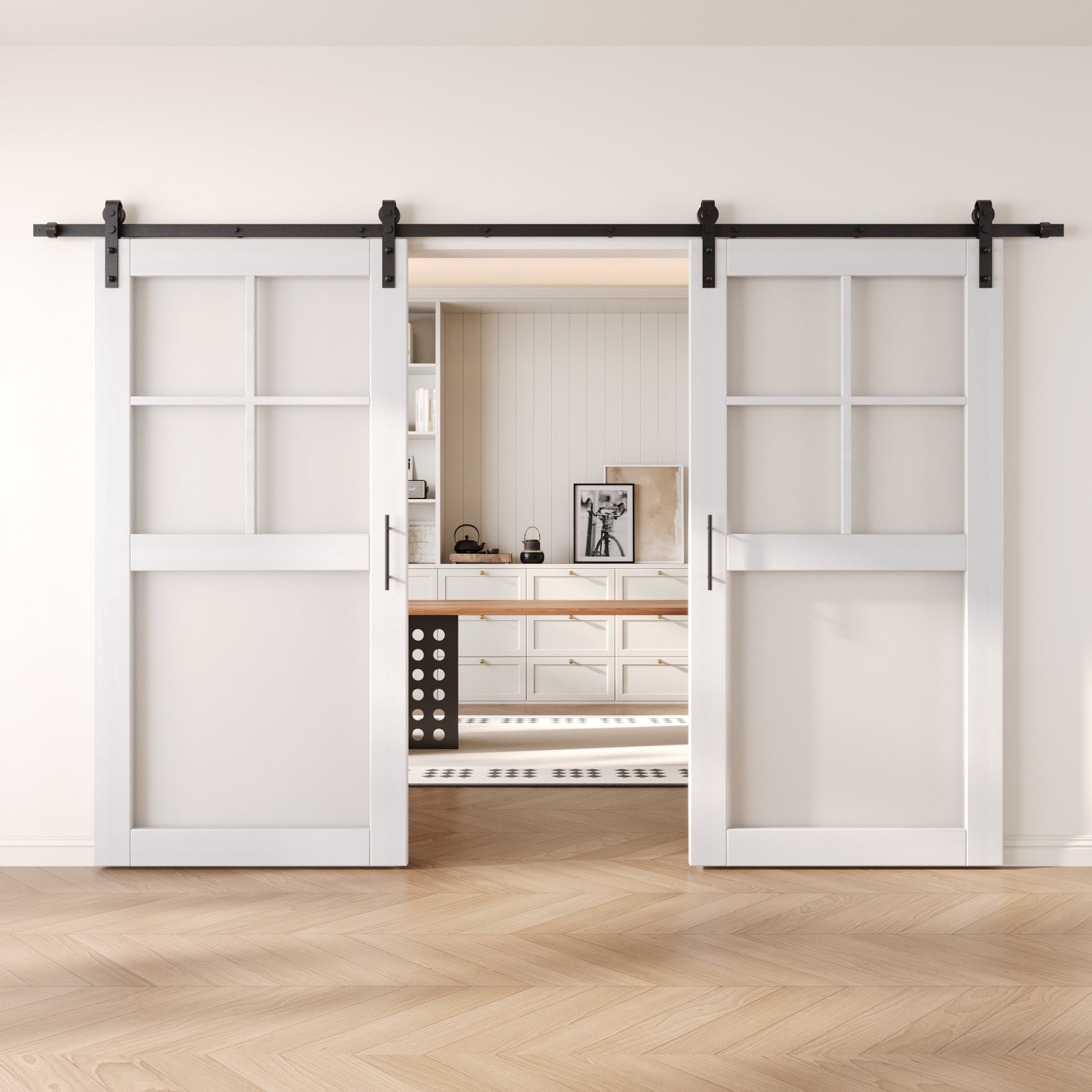 80" Height White 5-Lite Frosted Glass Double Unassembled & Finished Pine Wood Barn Doors with Non-Bypass Installation Hardware Kit (Interior Use Only)