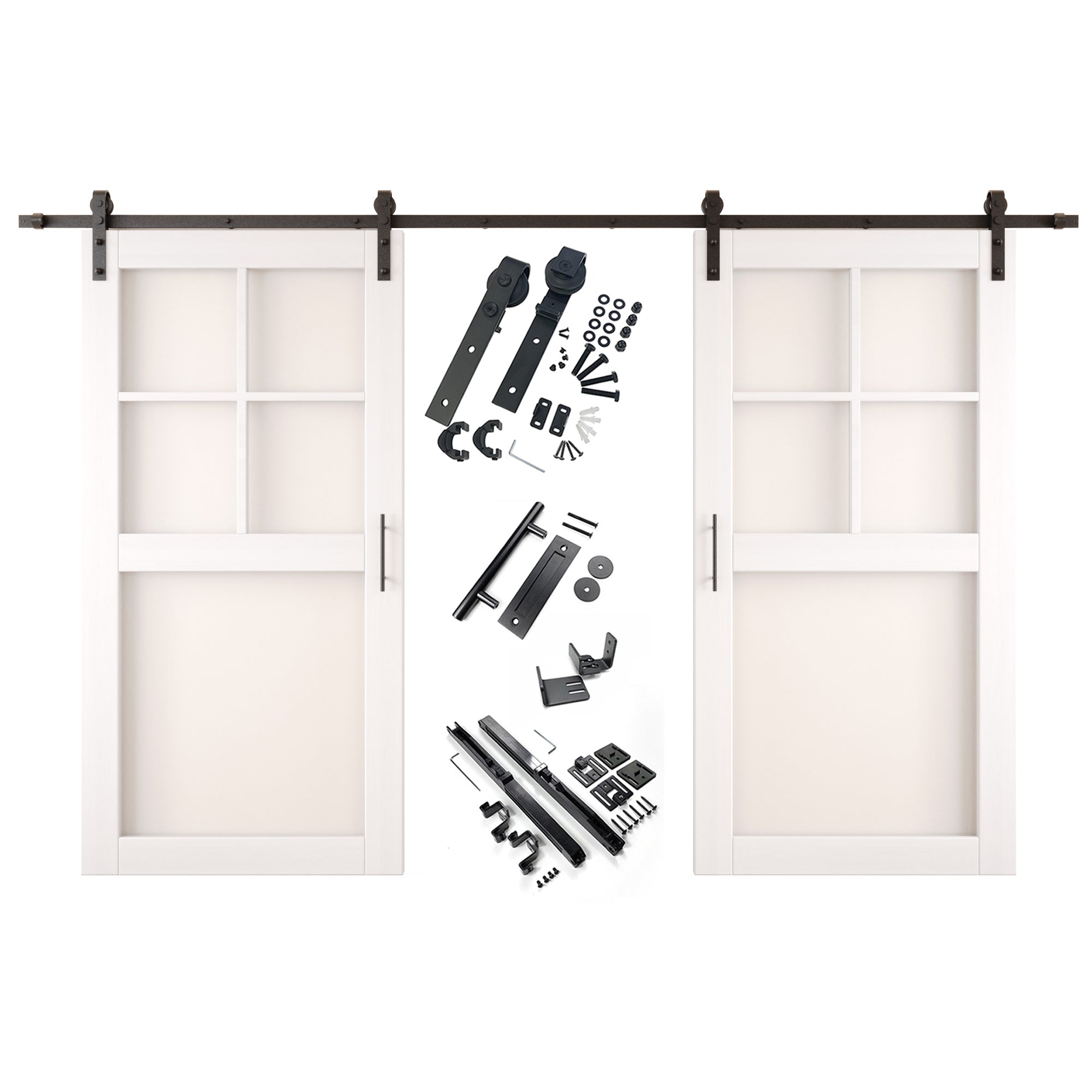 80" Height White 5-Lite Frosted Glass Double Unassembled & Finished Pine Wood Barn Doors with Non-Bypass Installation Hardware Kit (Interior Use Only)
