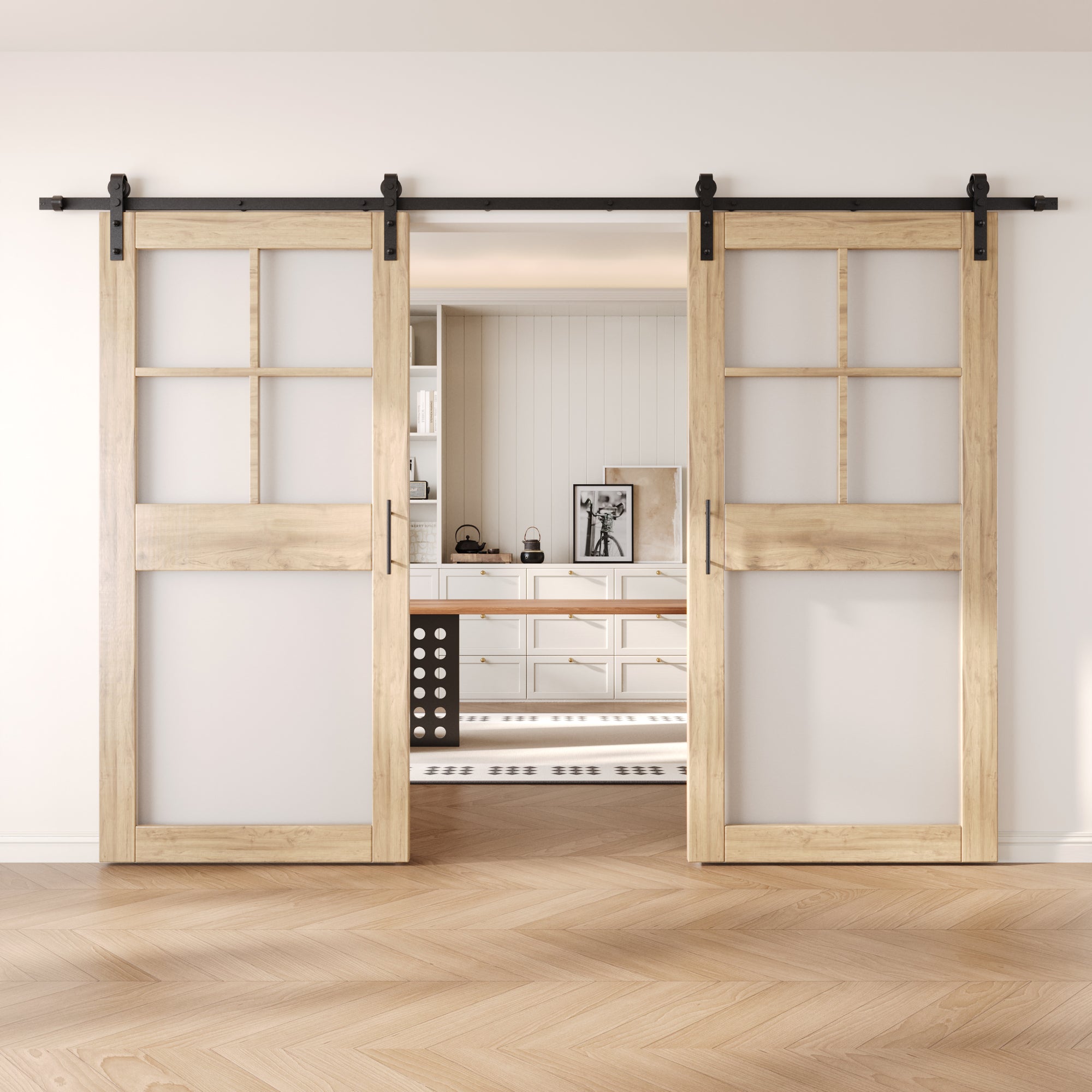 84" Height 5-Lite Frosted Glass Double Unassembled & Unfinished Pine Wood Barn Doors with Non-Bypass Installation Hardware Kit (Interior Use Only)