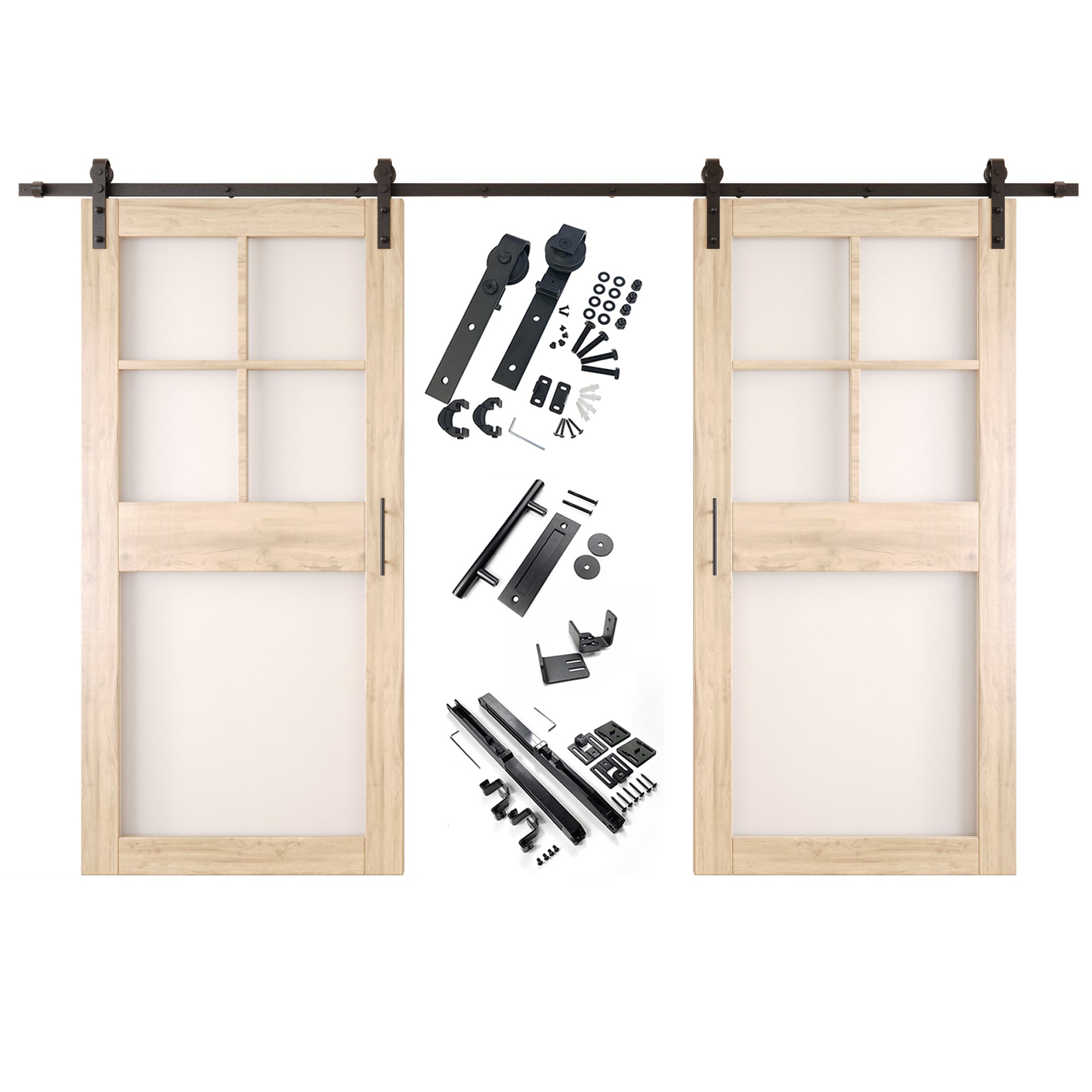 84" Height 5-Lite Frosted Glass Double Unassembled & Unfinished Pine Wood Barn Doors with Non-Bypass Installation Hardware Kit (Interior Use Only)