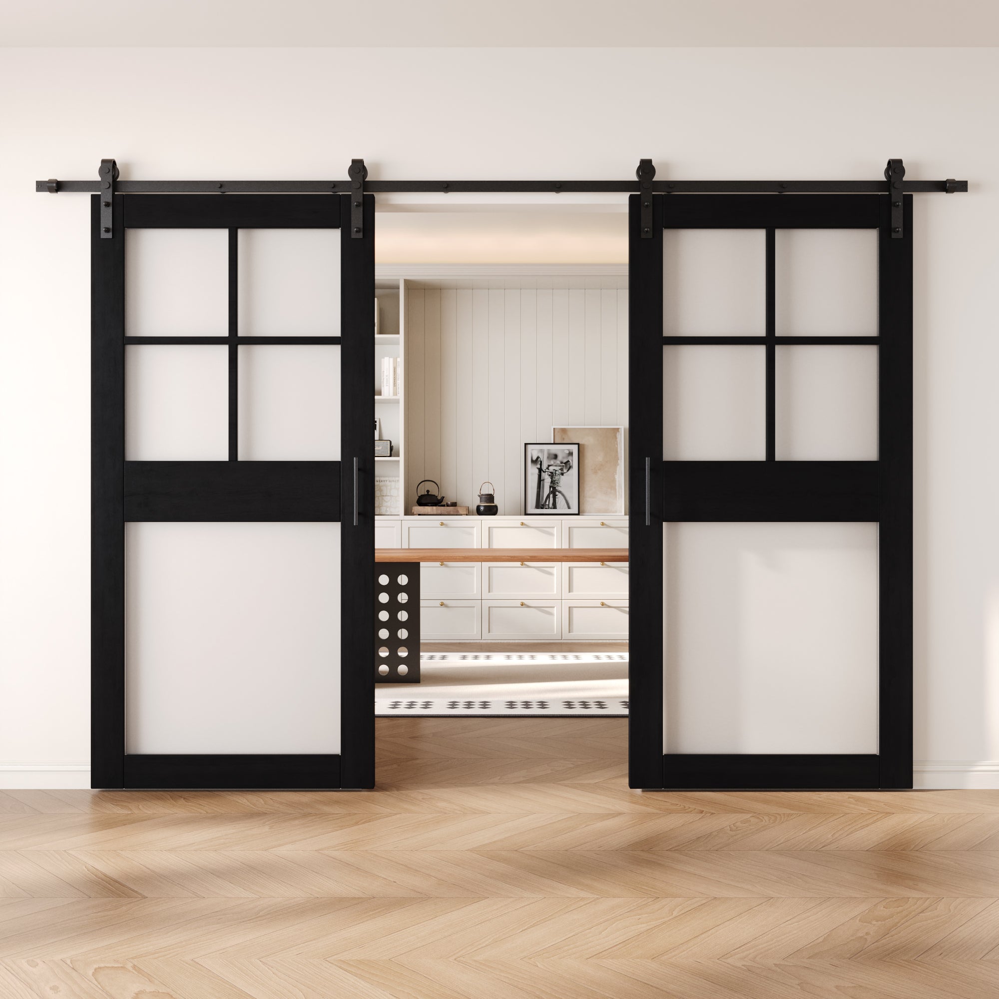 84" Height Black 5-Lite Frosted Glass Double Unassembled & Finished Pine Wood Barn Doors with Non-Bypass Installation Hardware Kit (Interior Use Only)