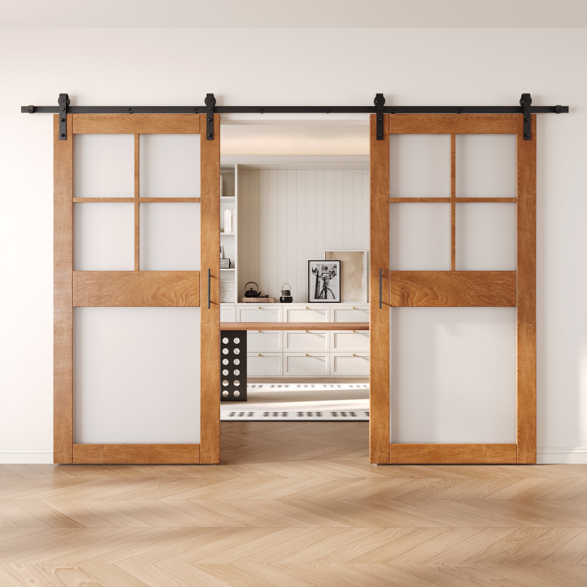 84" Height Early American 5-Lite Frosted Glass Double Unassembled & Finished Pine Wood Barn Doors with Non-Bypass Installation Hardware Kit (Interior Use Only)