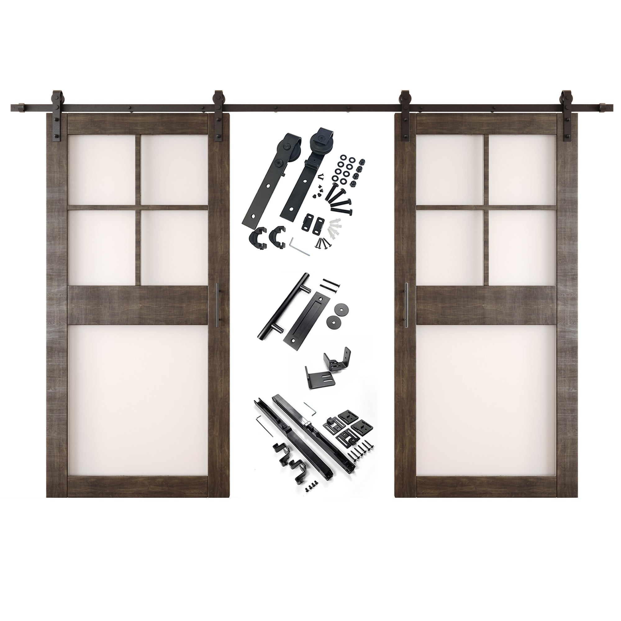 84" Height Ebony 5-Lite Frosted Glass Double Unassembled & Finished Pine Wood Barn Doors with Non-Bypass Installation Hardware Kit (Interior Use Only)
