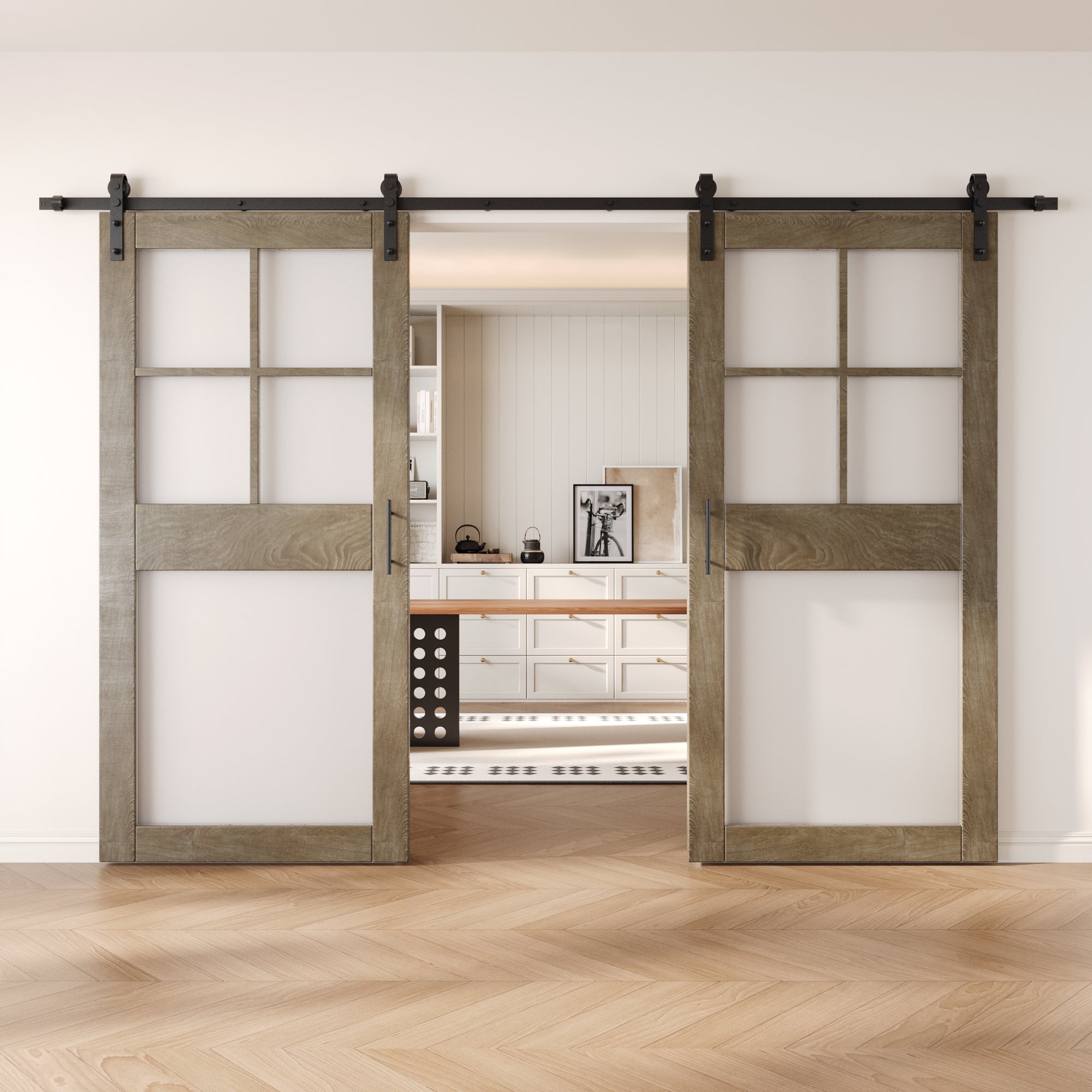 84" Height Classic Gray 5-Lite Frosted Glass Double Unassembled & Finished Pine Wood Barn Doors with Non-Bypass Installation Hardware Kit (Interior Use Only)
