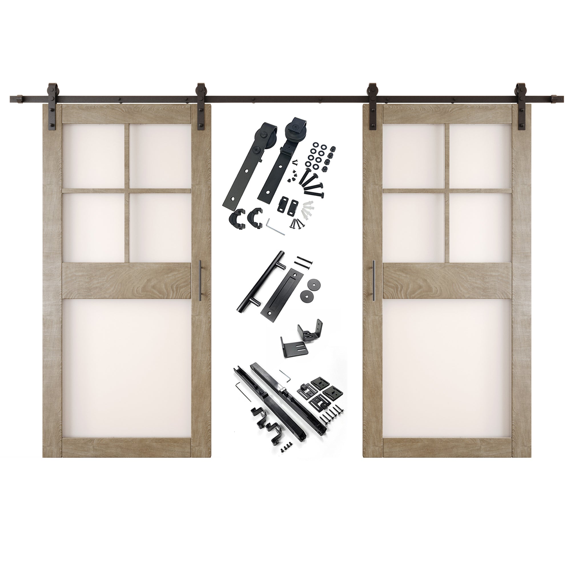 84" Height Classic Gray 5-Lite Frosted Glass Double Unassembled & Finished Pine Wood Barn Doors with Non-Bypass Installation Hardware Kit (Interior Use Only)