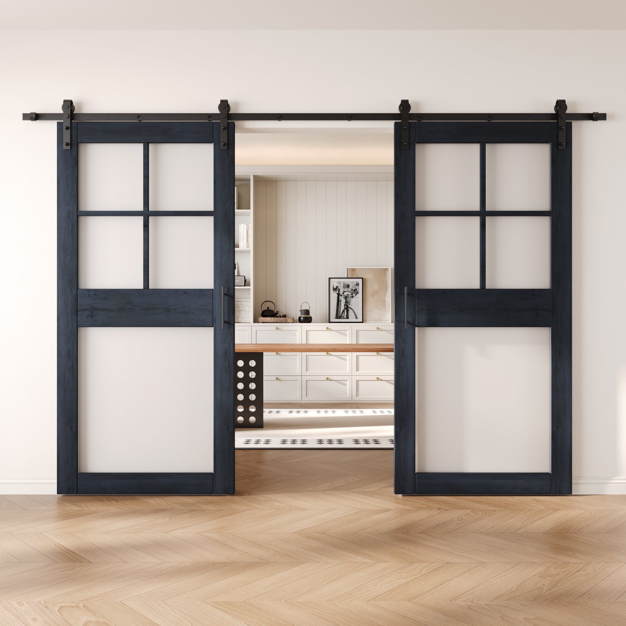 84" Height Navy 5-Lite Frosted Glass Double Unassembled & Finished Pine Wood Barn Doors with Non-Bypass Installation Hardware Kit (Interior Use Only)