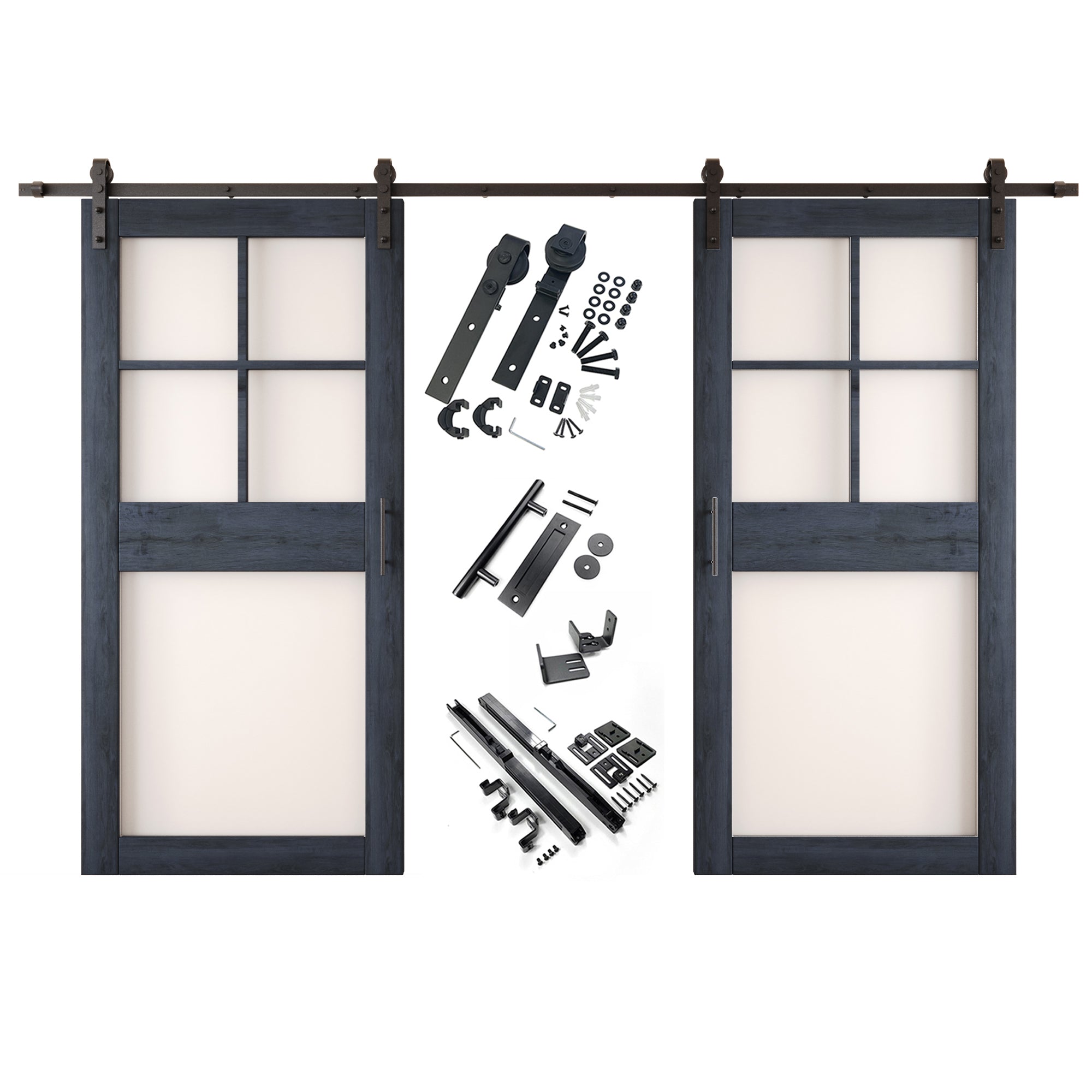 84" Height Navy 5-Lite Frosted Glass Double Unassembled & Finished Pine Wood Barn Doors with Non-Bypass Installation Hardware Kit (Interior Use Only)