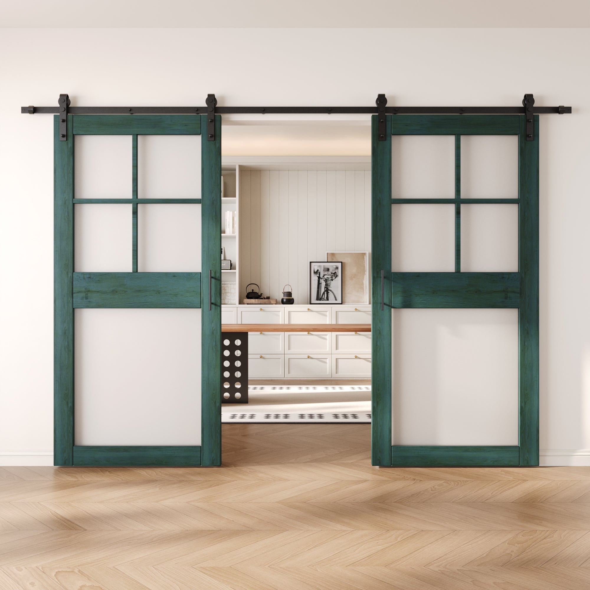 84" Height Royal Pine 5-Lite Frosted Glass Double Unassembled & Finished Pine Wood Barn Doors with Non-Bypass Installation Hardware Kit (Interior Use Only)