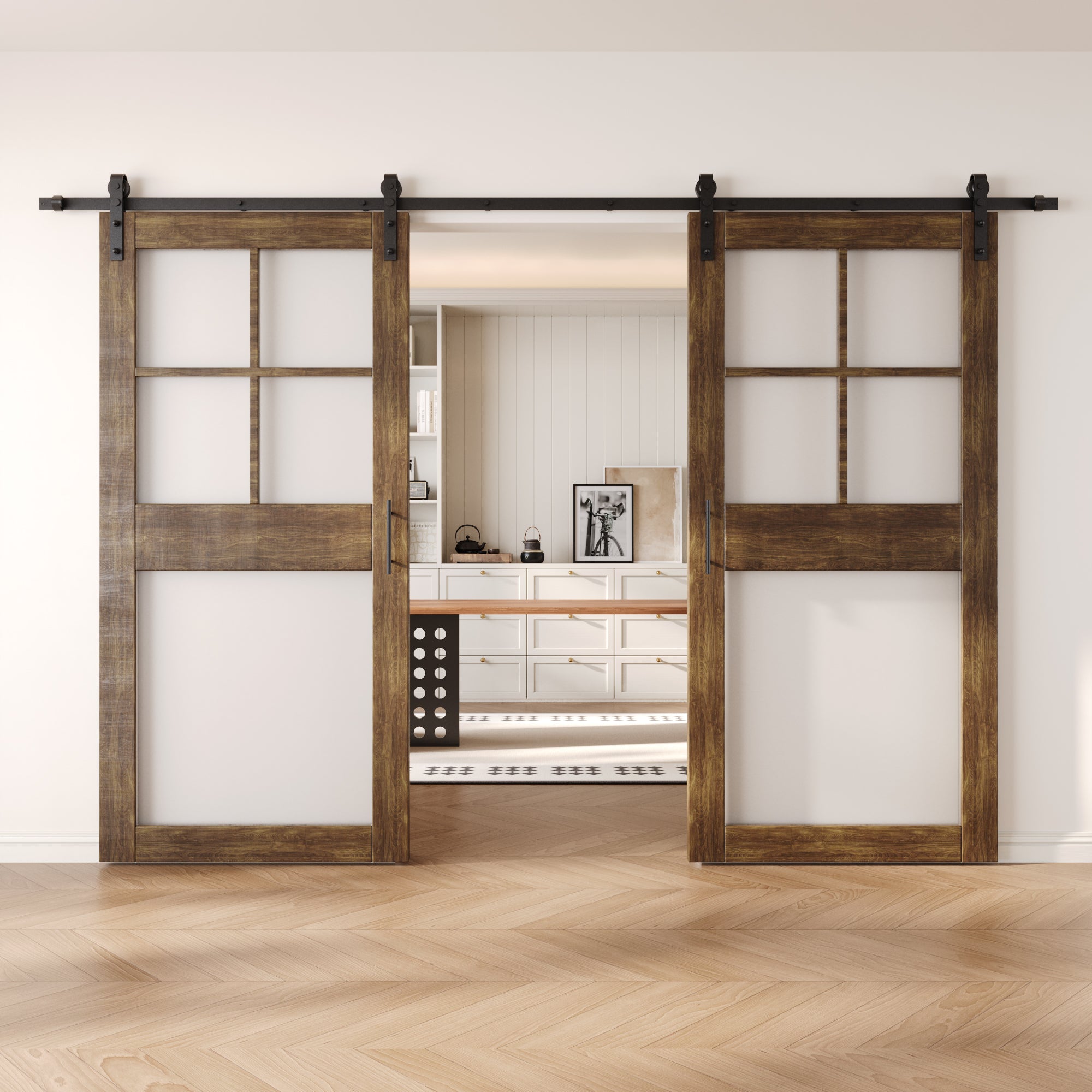 84" Height Dark Walnut 5-Lite Frosted Glass Double Unassembled & Finished Pine Wood Barn Doors with Non-Bypass Installation Hardware Kit (Interior Use Only)