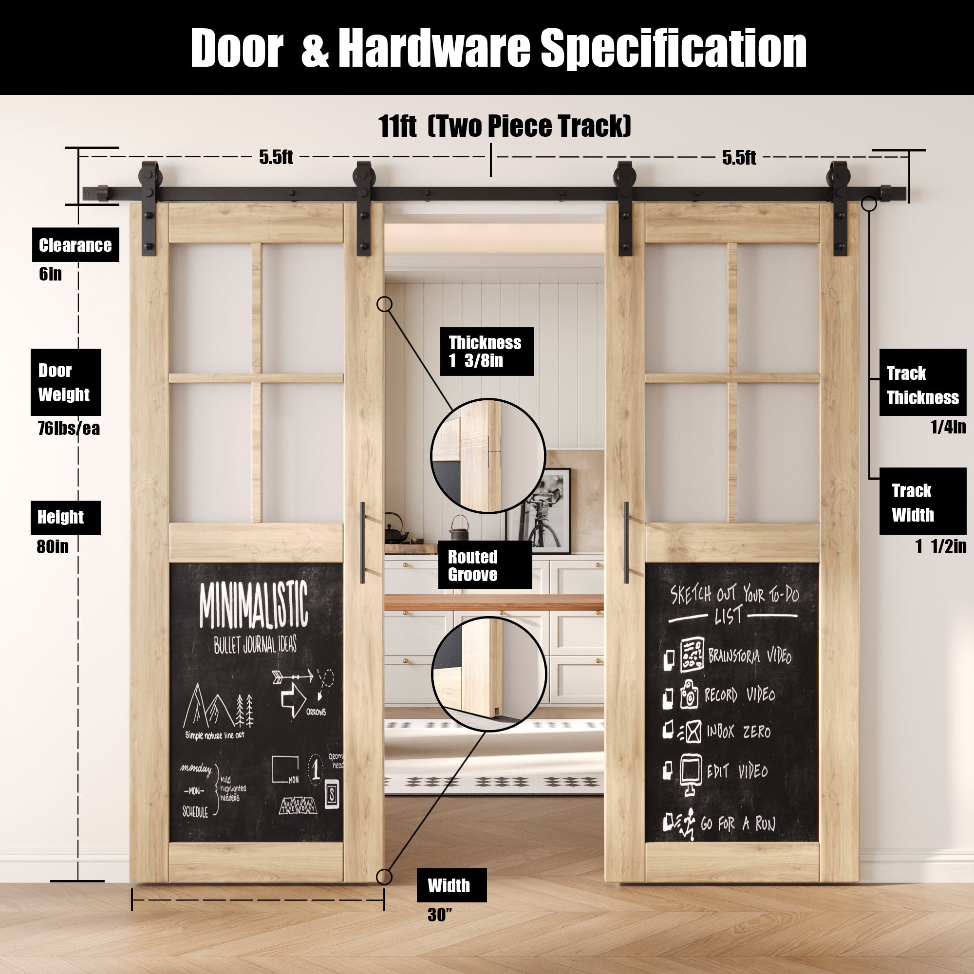 80" Height Half Lite Chalkboard Double Unassembled & Unfinished Pine Wood Barn Doors with Non-Bypass Installation Hardware Kit (Interior Use Only)