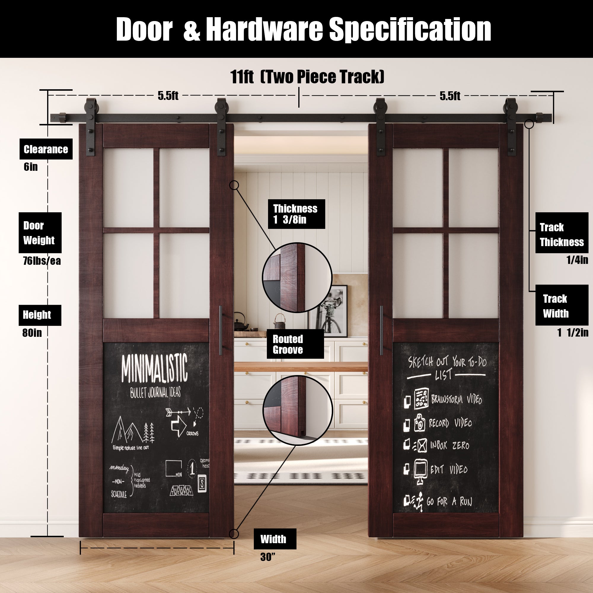 80" Height Half Lite Red Mahogany Chalkboard Double Unassembled & Finished Pine Wood Barn Doors with Non-Bypass Installation Hardware Kit (Interior Use Only)